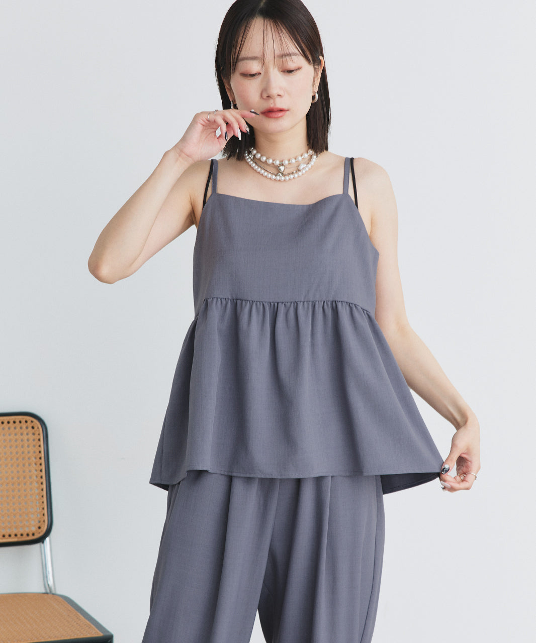 アドティエ ad thie 【2025SS新作】ペプラムキャミソール ロングパンツ セットアップ （チャコール） チャコール