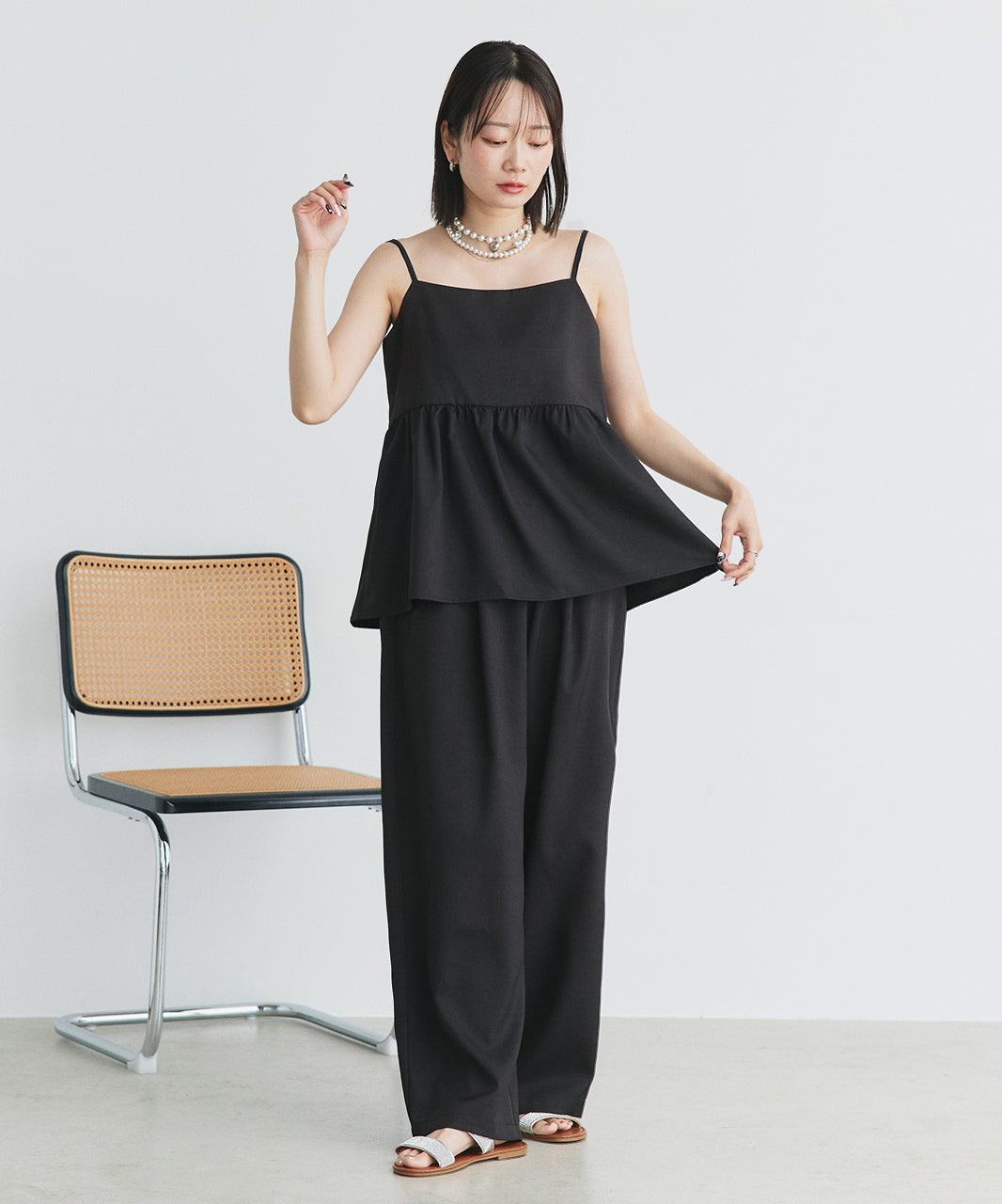 アドティエ ad thie 【2025SS新作】ペプラムキャミソール ロングパンツ セットアップ （チャコール） チャコール