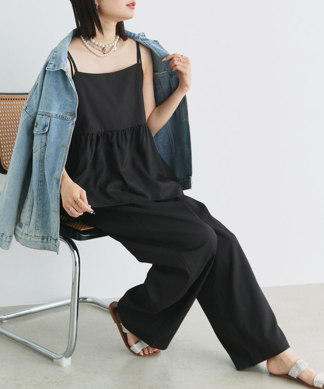 アドティエ ad thie 【2025SS新作】ペプラムキャミソール ロングパンツ セットアップ （ブラック） ブラック