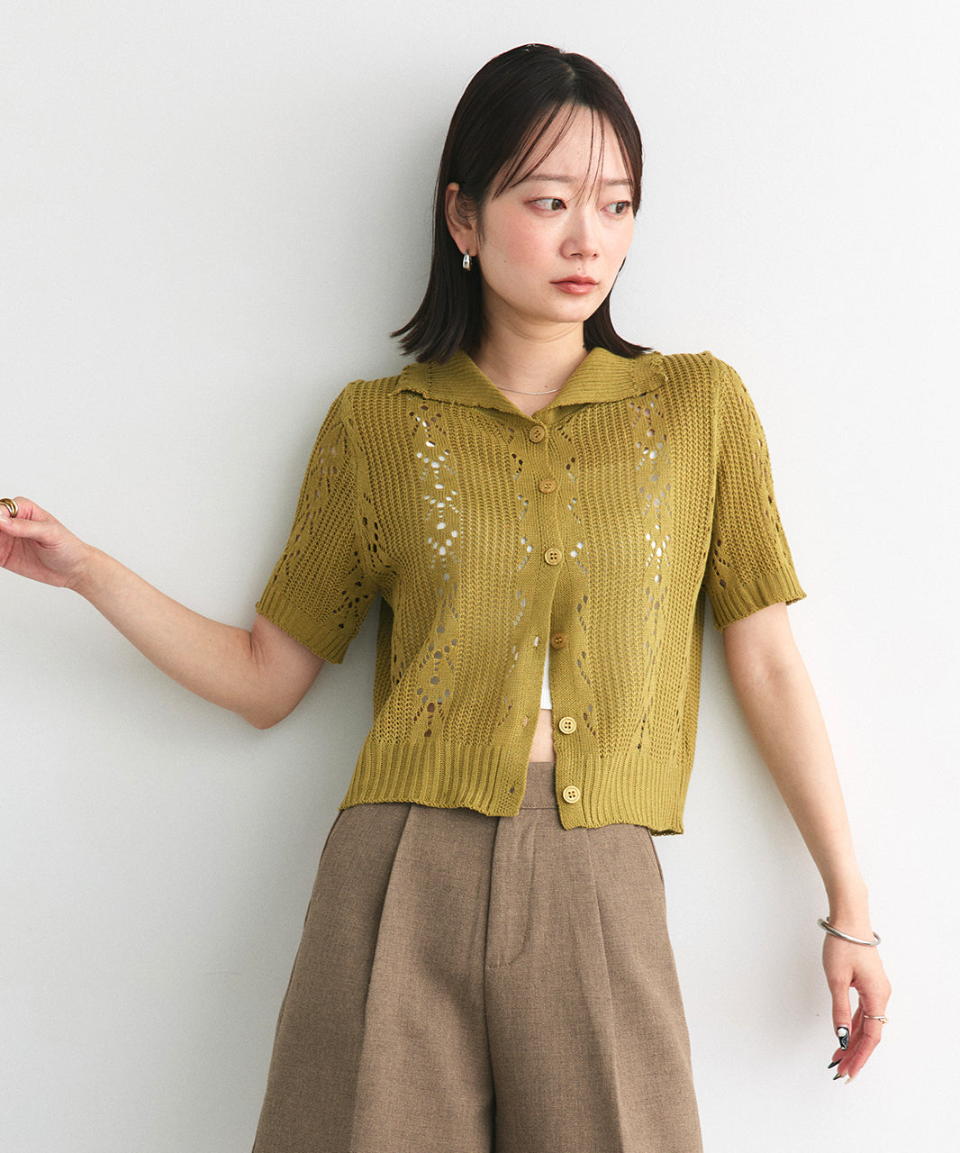 アドティエ ad thie ポロカラー透かし編みニットカーディガン （レッド） レッド