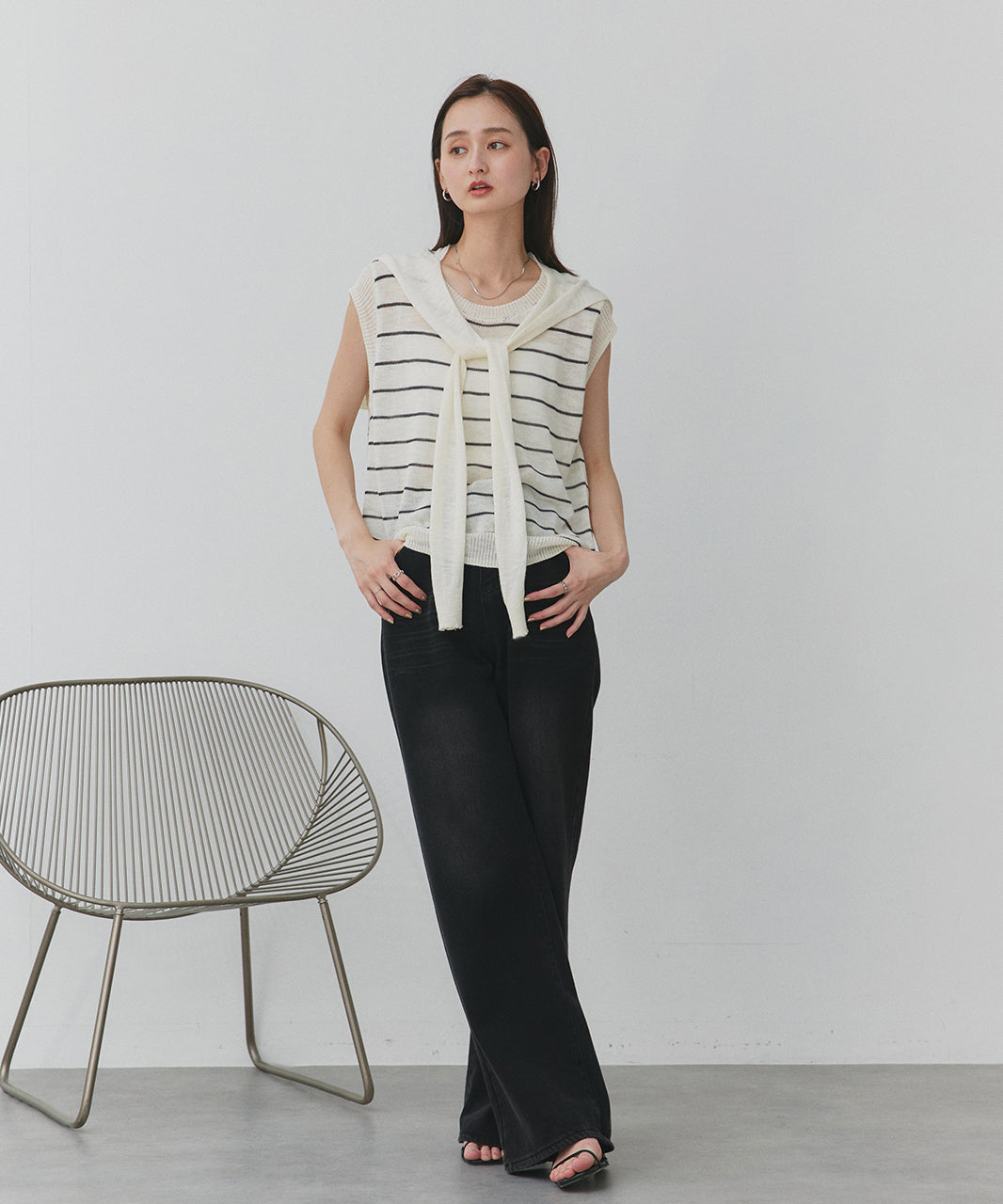 アドティエ ad thie フェイクカーデ+ボーダーノースリプルオーバー （レッド） レッド