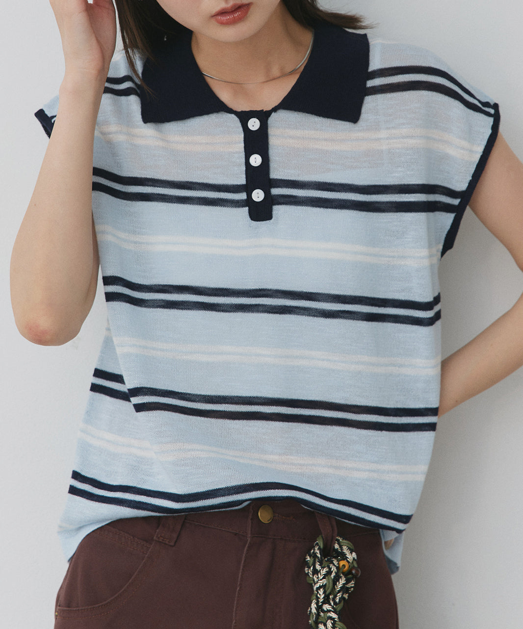 アドティエ ad thie フレンチ/Sボーダーポロニット （ブルー） ライトブルー