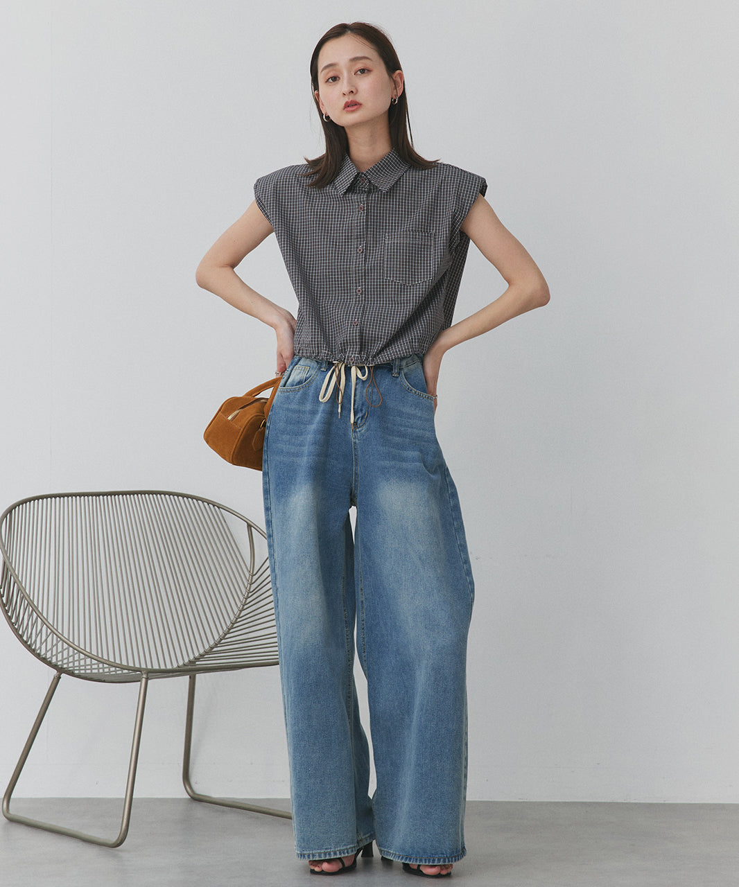 アドティエ ad thie 裾ドロストショート丈チェックシャツ （レッド） レッド