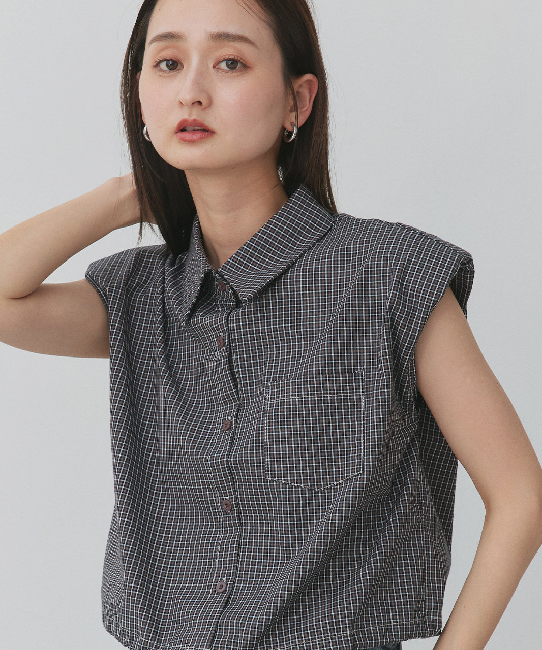 アドティエ ad thie 裾ドロストショート丈チェックシャツ （レッド） レッド