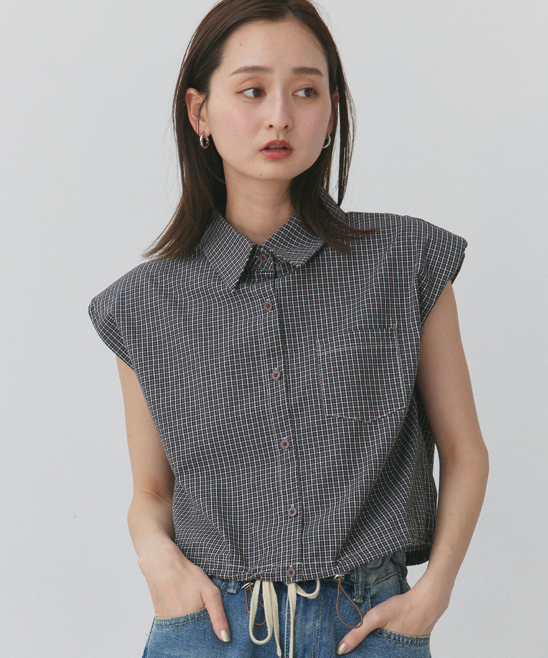 アドティエ ad thie 裾ドロストショート丈チェックシャツ （レッド） レッド