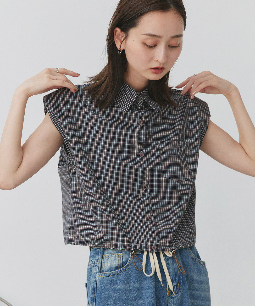 アドティエ ad thie 裾ドロストショート丈チェックシャツ （レッド） レッド