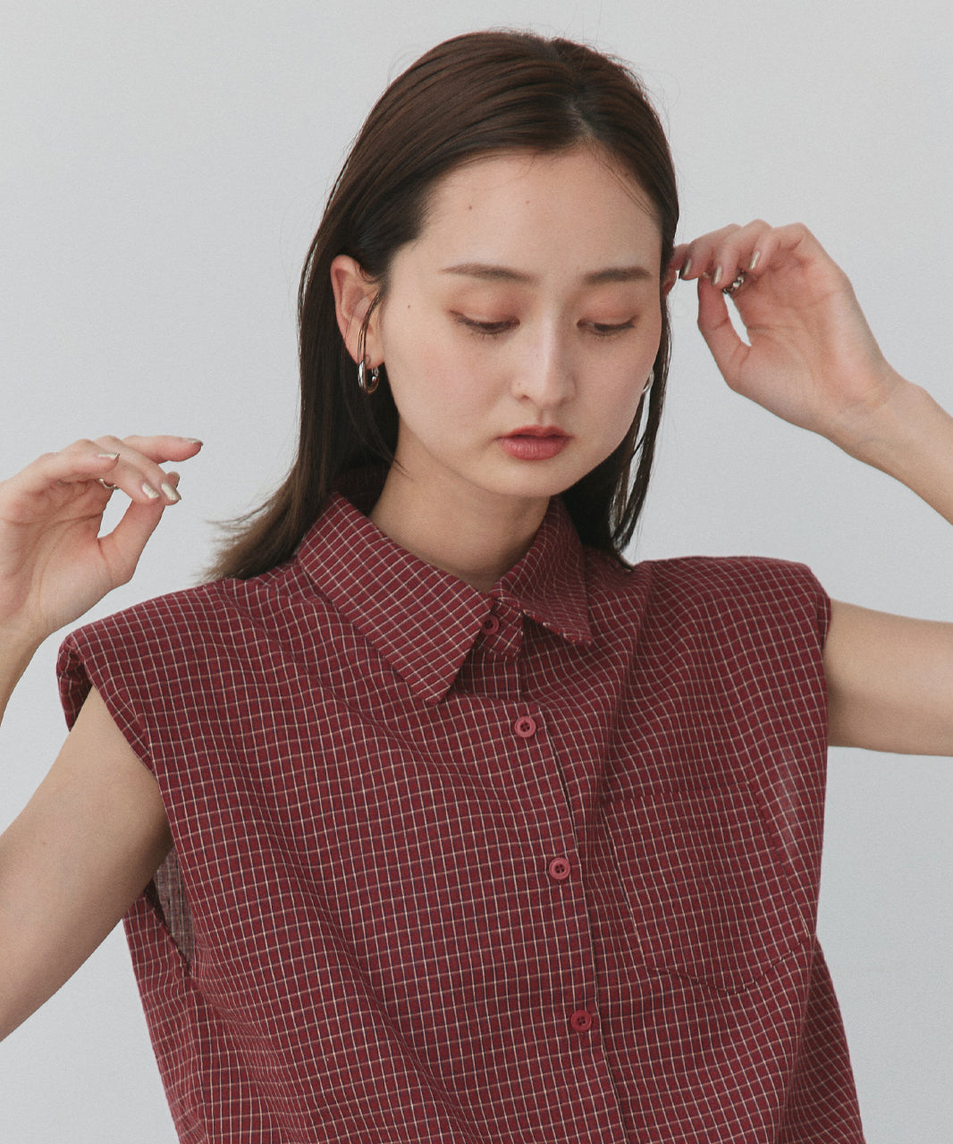 アドティエ ad thie 裾ドロストショート丈チェックシャツ （レッド） レッド