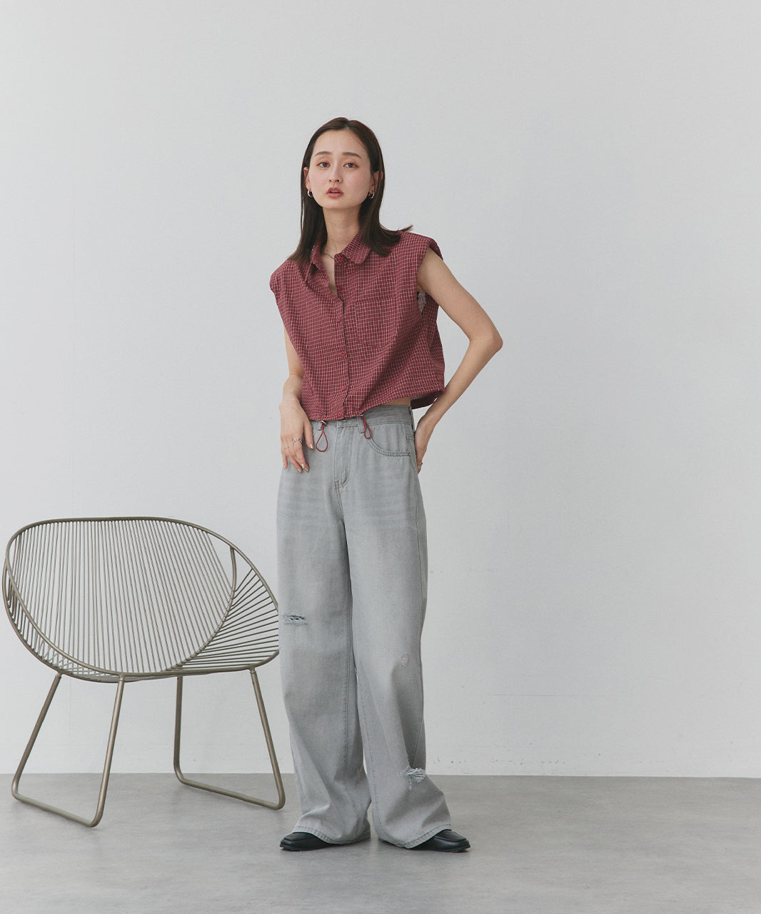 アドティエ ad thie 裾ドロストショート丈チェックシャツ （レッド） レッド