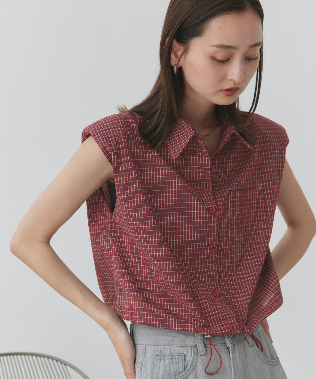アドティエ ad thie 裾ドロストショート丈チェックシャツ （レッド） レッド