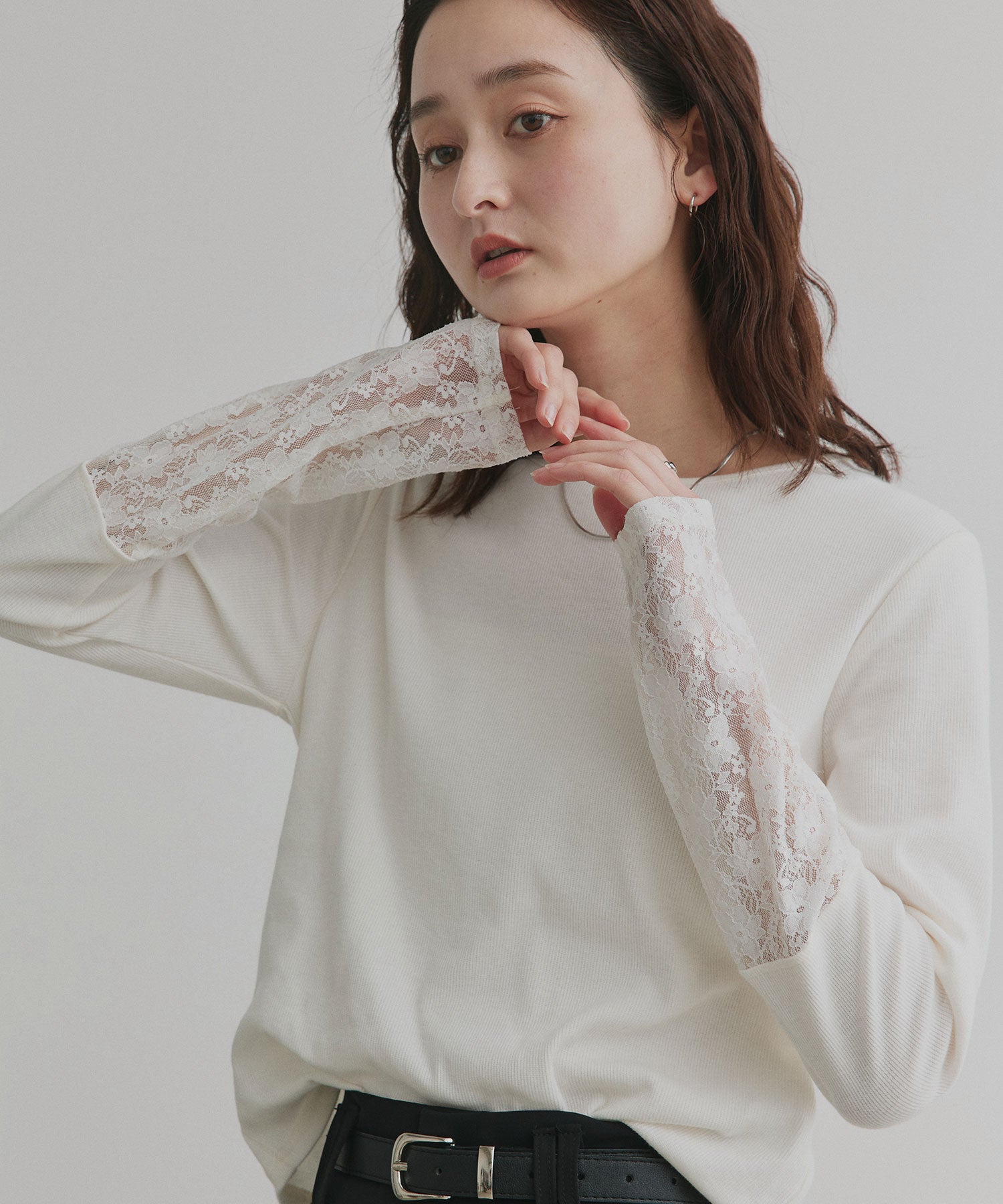 アドティエ ad thie 【2025AW新作】袖切替ラメシアー レースアソートトップス （ブラウン×ラメシアー） ブラウン×ラメシアー