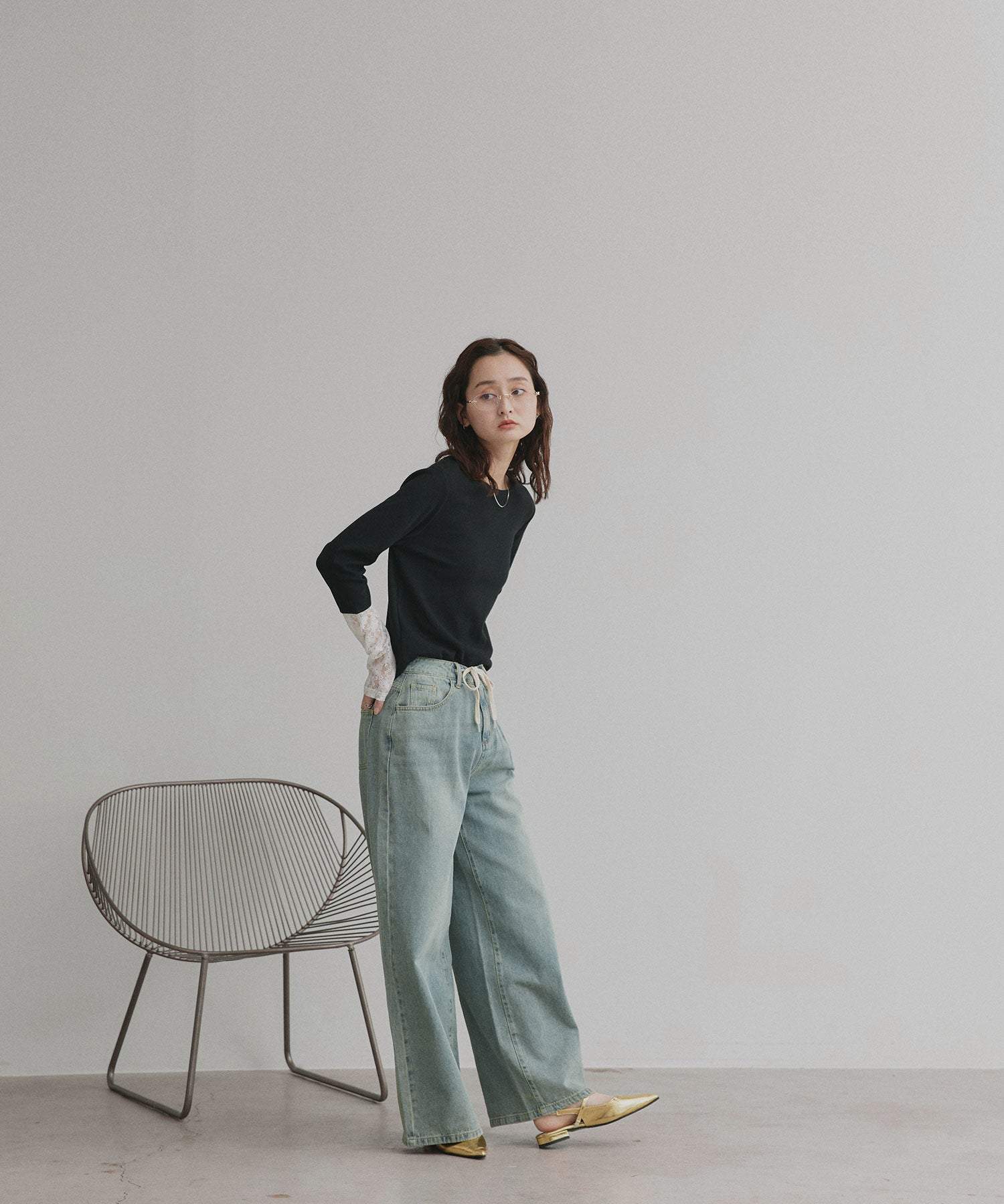 アドティエ ad thie 【2025AW新作】袖切替ラメシアー レースアソートトップス （ブラウン×ラメシアー） ブラウン×ラメシアー