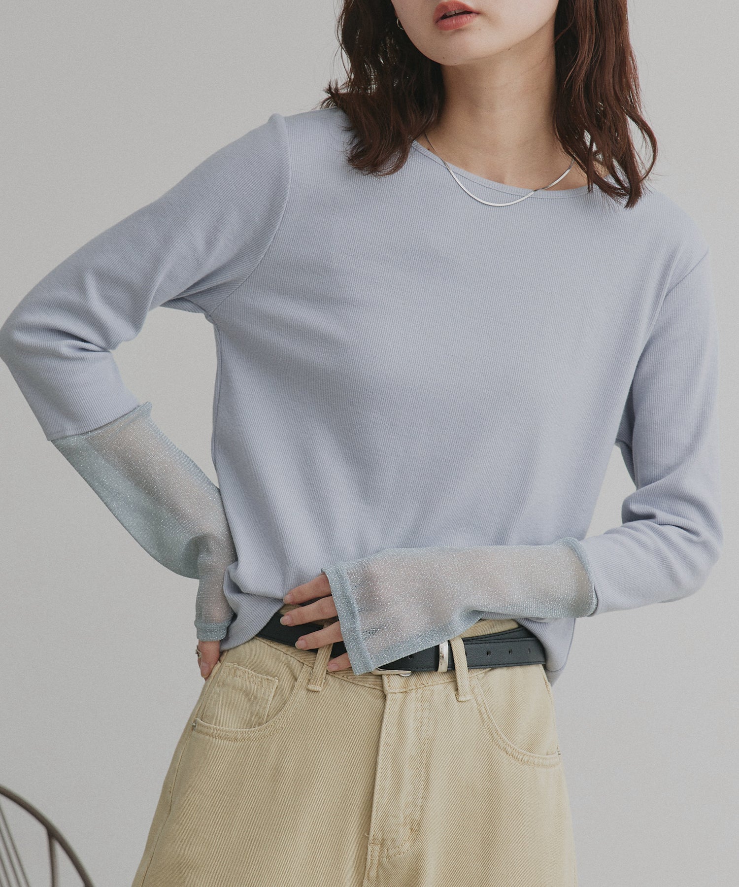 アドティエ ad thie 【2025AW新作】袖切替ラメシアー レースアソートトップス （ブラウン×ラメシアー） ブラウン×ラメシアー