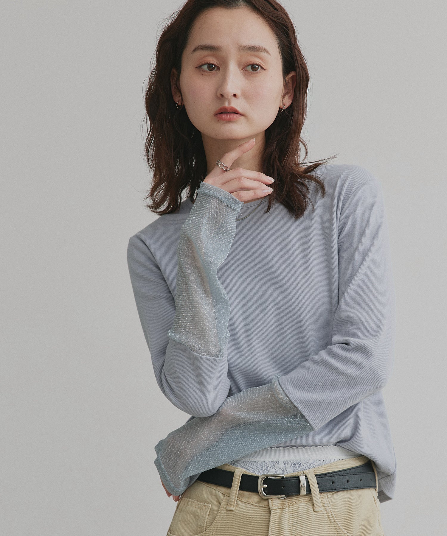 アドティエ ad thie 【2025AW新作】袖切替ラメシアー レースアソートトップス （ブラウン×ラメシアー） ブラウン×ラメシアー