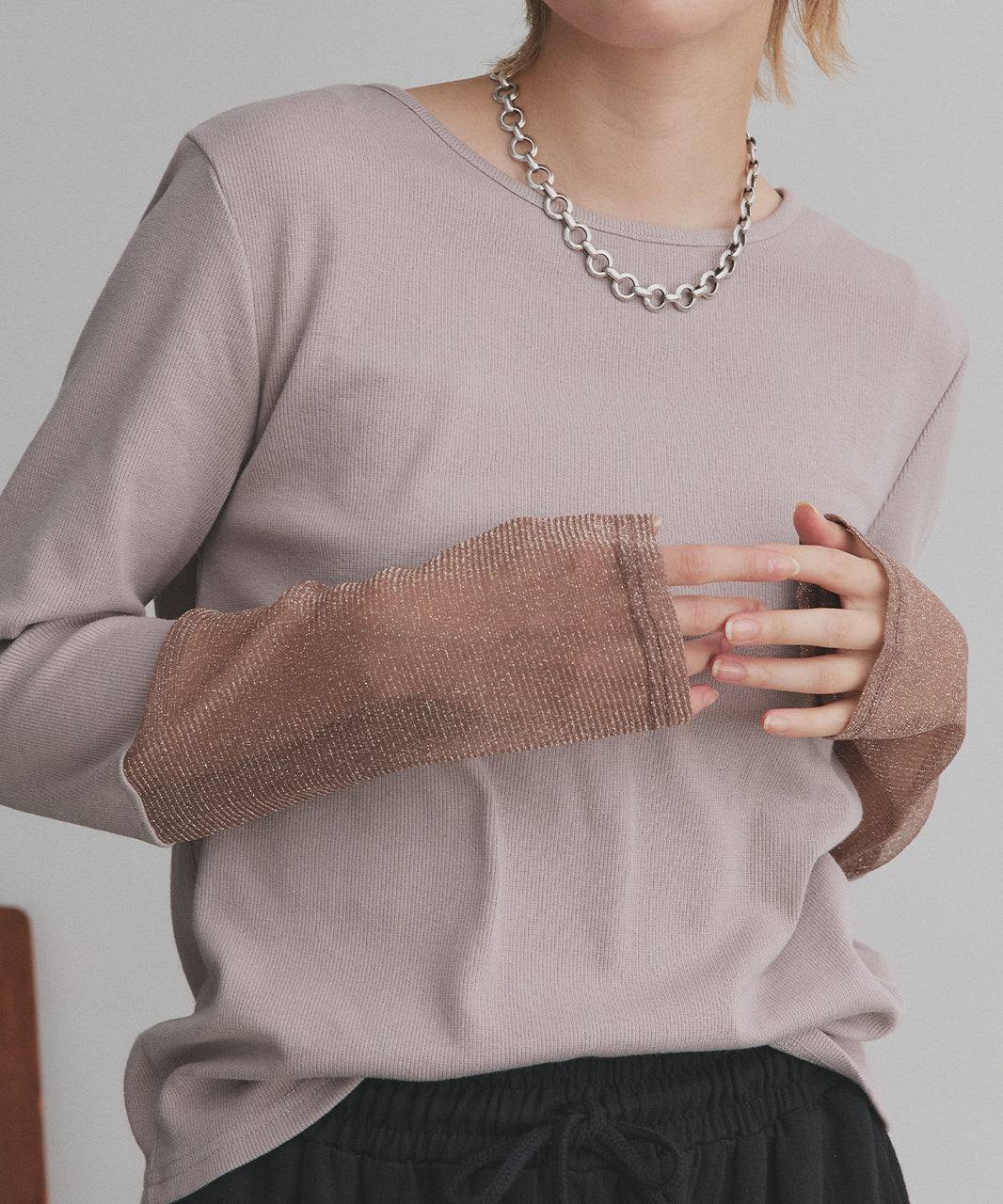 アドティエ ad thie 【2025AW新作】袖切替ラメシアー レースアソートトップス （グレージュ×ラメシアー） グレージュ×ラメシアー