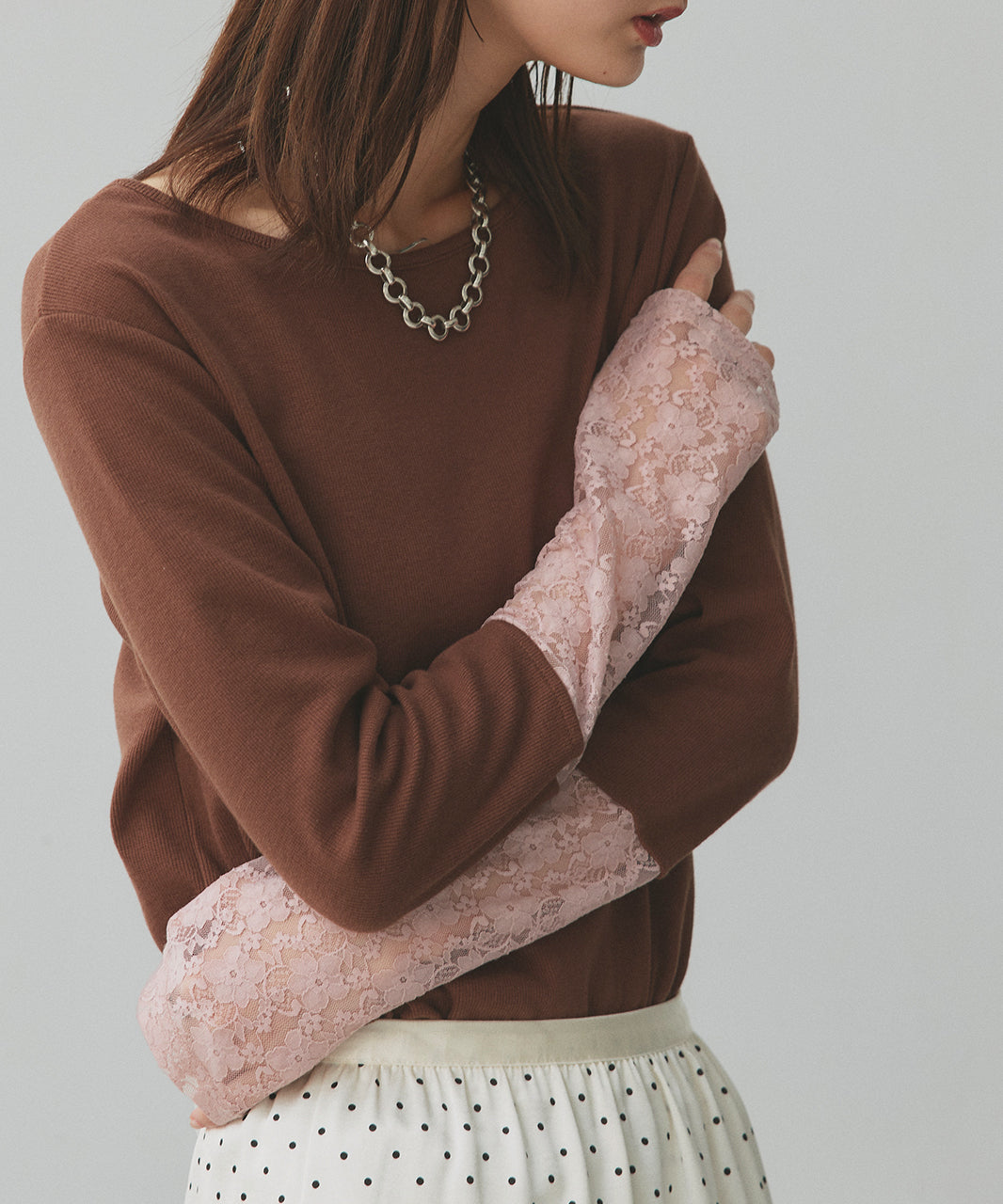 アドティエ ad thie 【2025AW新作】袖切替ラメシアー レースアソートトップス （ブラウン×ピンクレース） ブラウン×ピンクレース