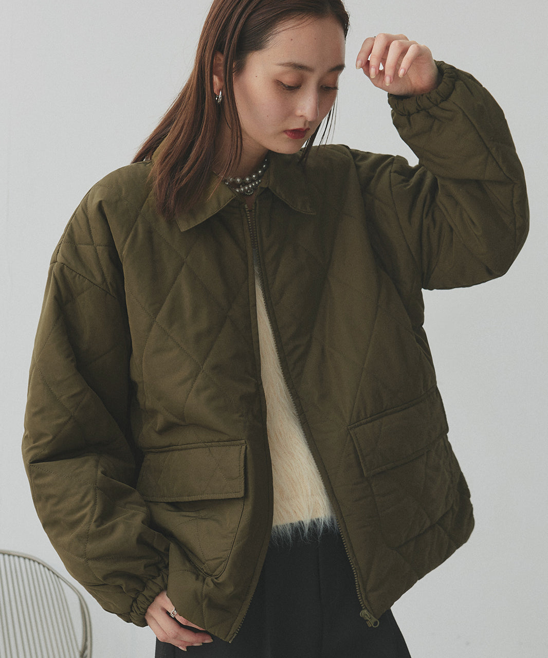 アドティエ ad thie 【2025AW新作】パデッドキルト襟付きジャケット （カーキ） カーキ