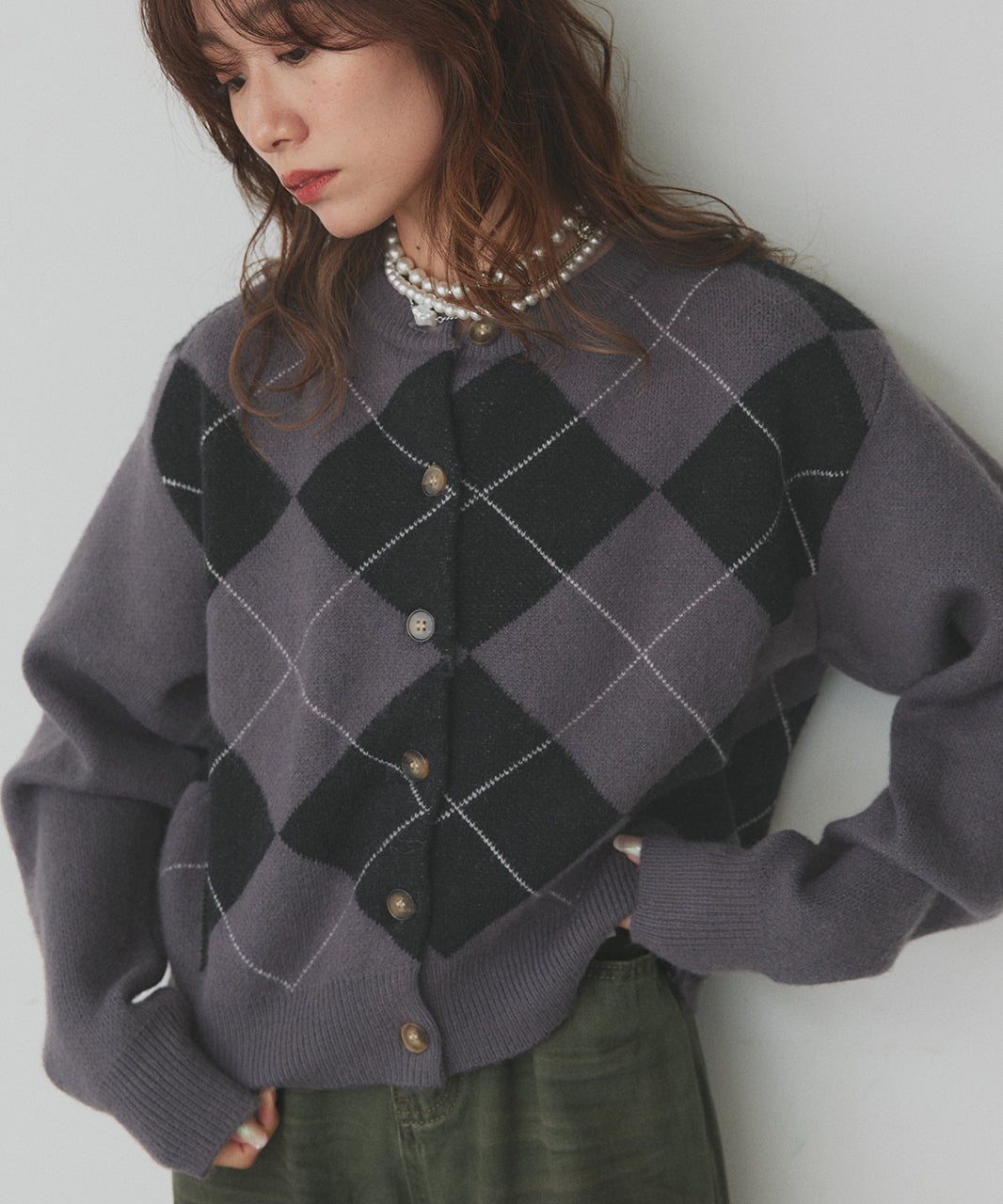 アドティエ ad thie 【2025AW新作】アーガイルニットカーディガン （グレー） グレー