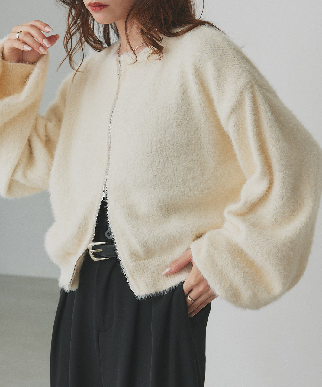 アドティエ ad thie 【2025AW新作】ダブルジップシャギーニットカーディガン （オフホワイト） オフホワイト