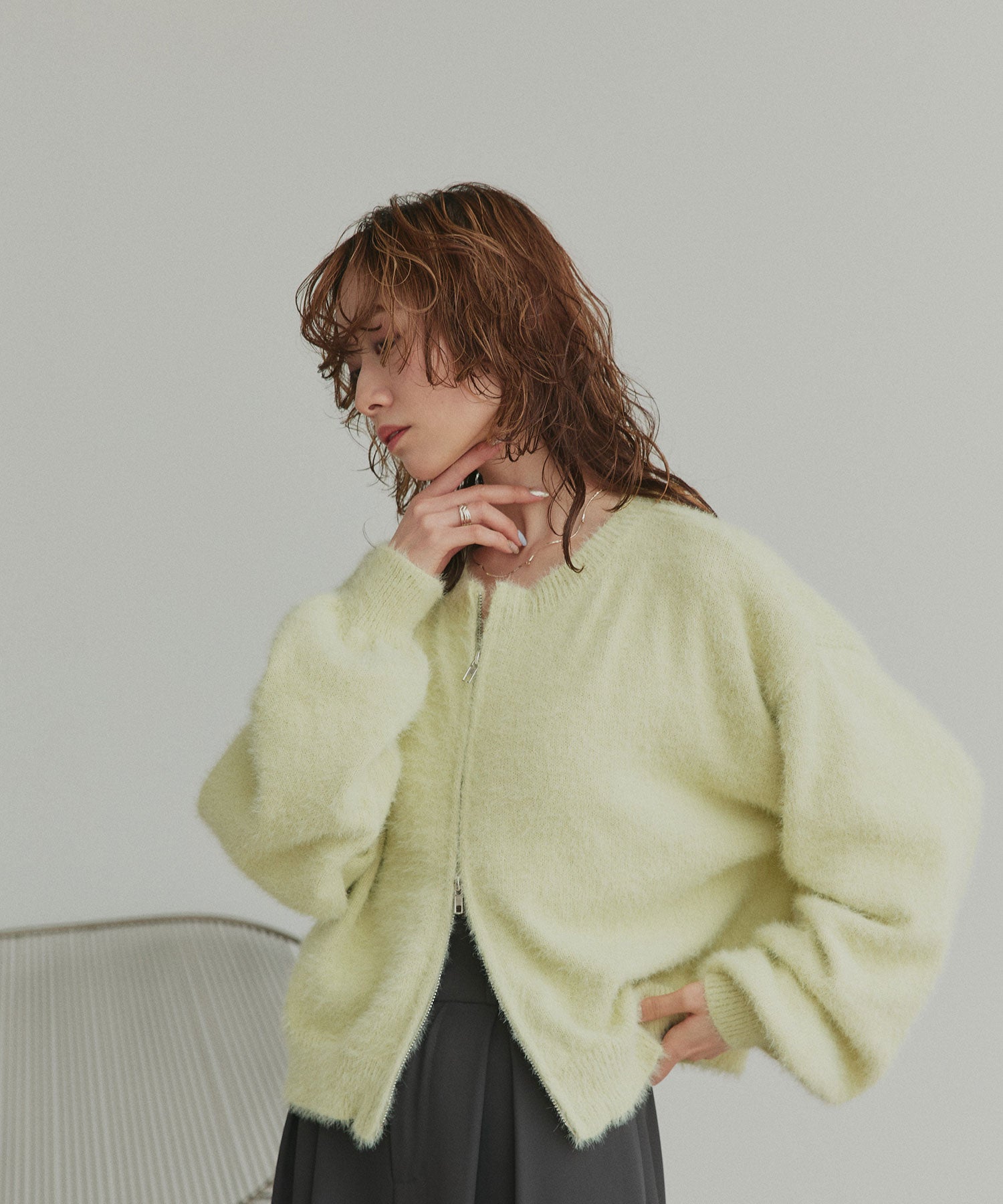 アドティエ ad thie 【2025AW新作】ダブルジップシャギーニットカーディガン （オフホワイト） オフホワイト