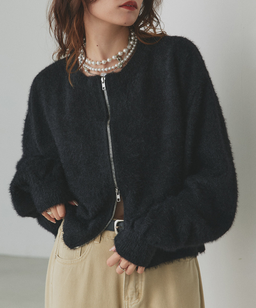 アドティエ ad thie 【2025AW新作】ダブルジップシャギーニットカーディガン （オフホワイト） オフホワイト