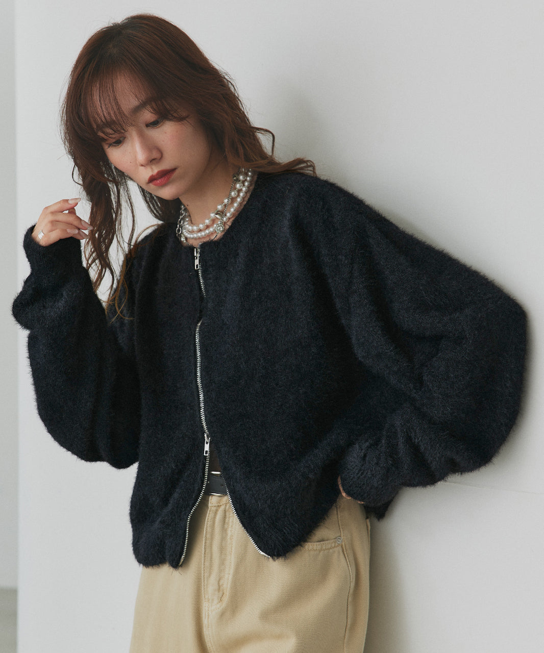 アドティエ ad thie 【2025AW新作】ダブルジップシャギーニットカーディガン （オフホワイト） オフホワイト