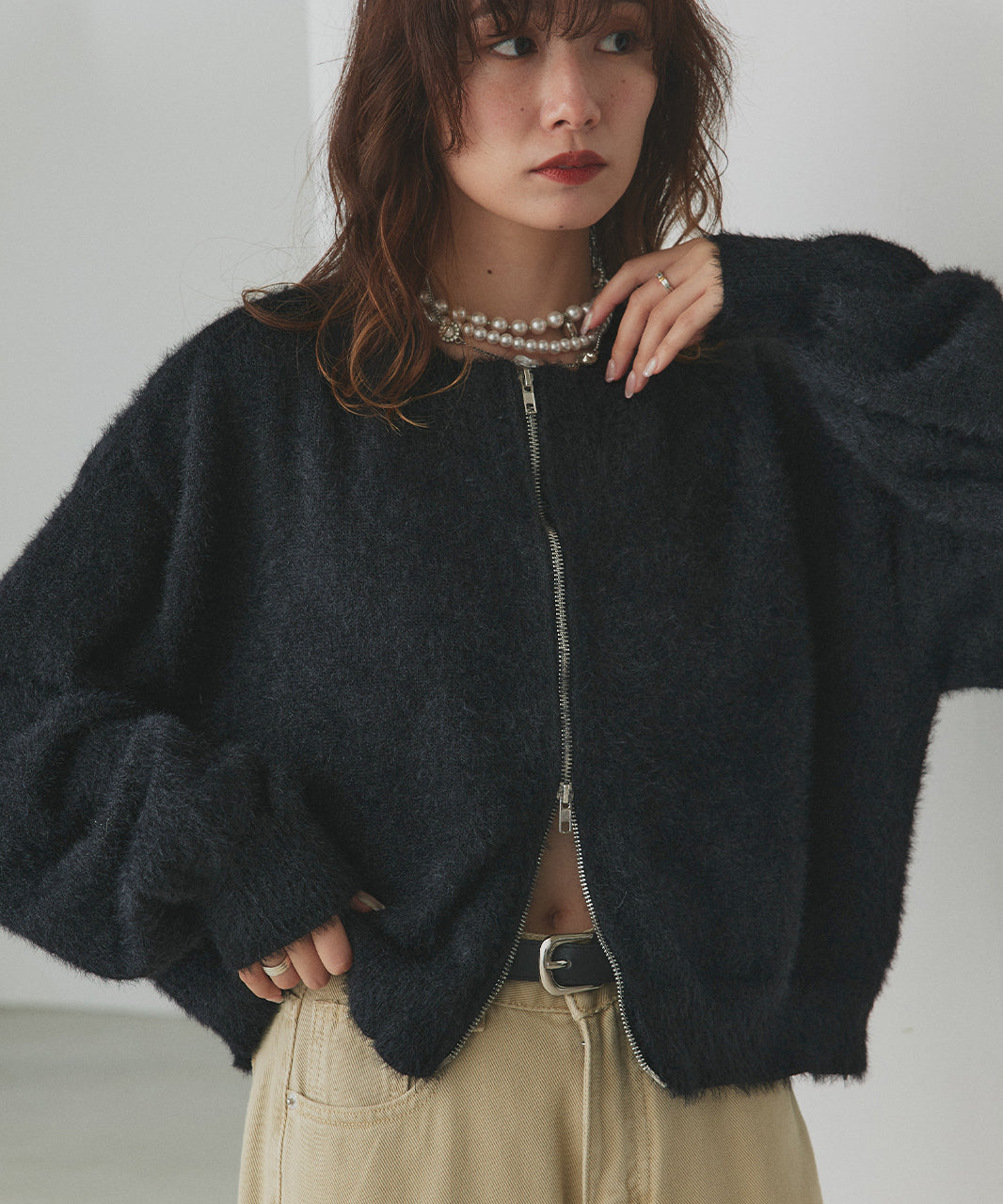 アドティエ ad thie 【2025AW新作】ダブルジップシャギーニットカーディガン （オフホワイト） オフホワイト