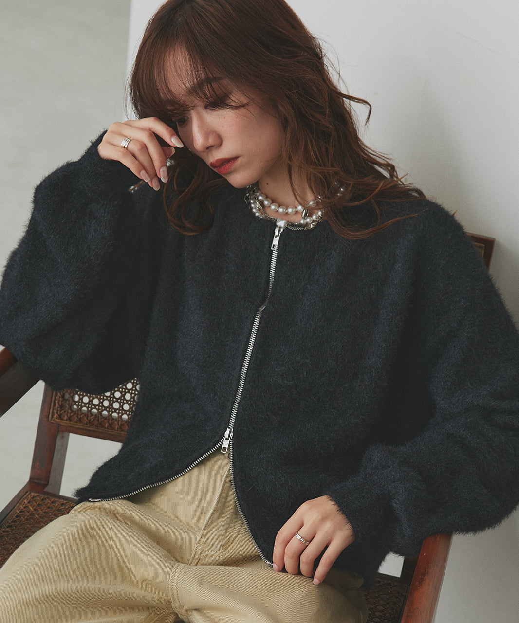 アドティエ ad thie 【2025AW新作】ダブルジップシャギーニットカーディガン （オフホワイト） オフホワイト