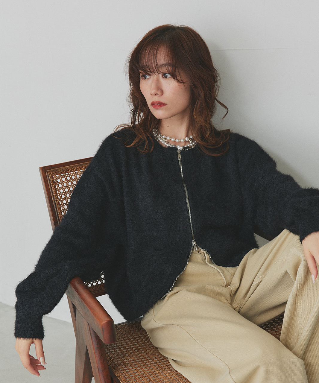 アドティエ ad thie 【2025AW新作】ダブルジップシャギーニットカーディガン （オフホワイト） オフホワイト