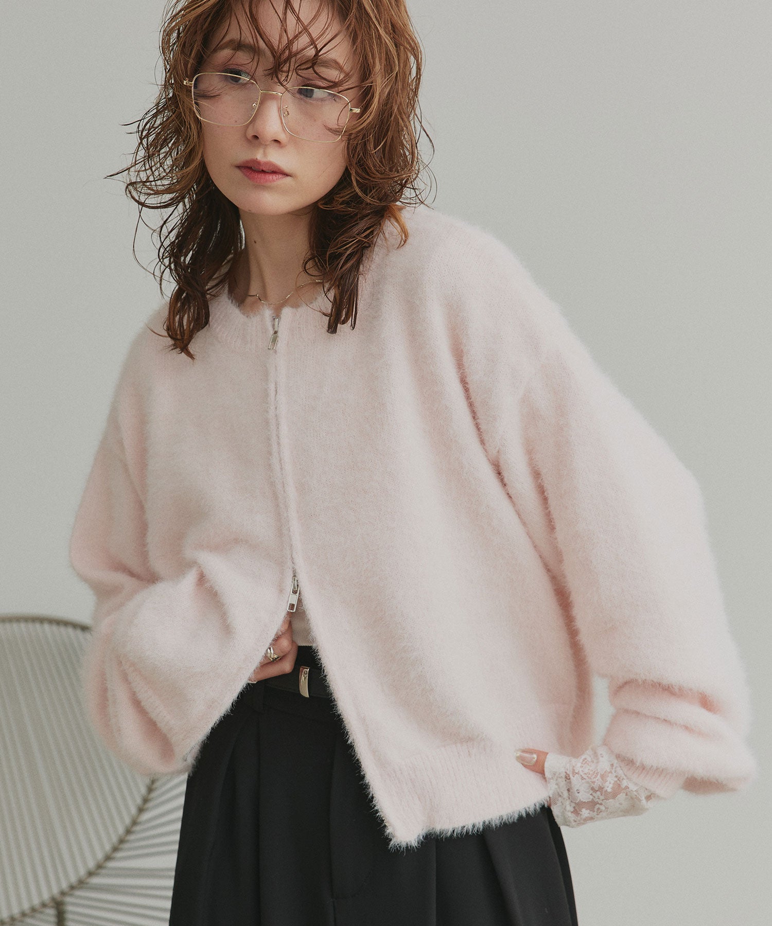 アドティエ ad thie 【2025AW新作】ダブルジップシャギーニットカーディガン （オフホワイト） オフホワイト