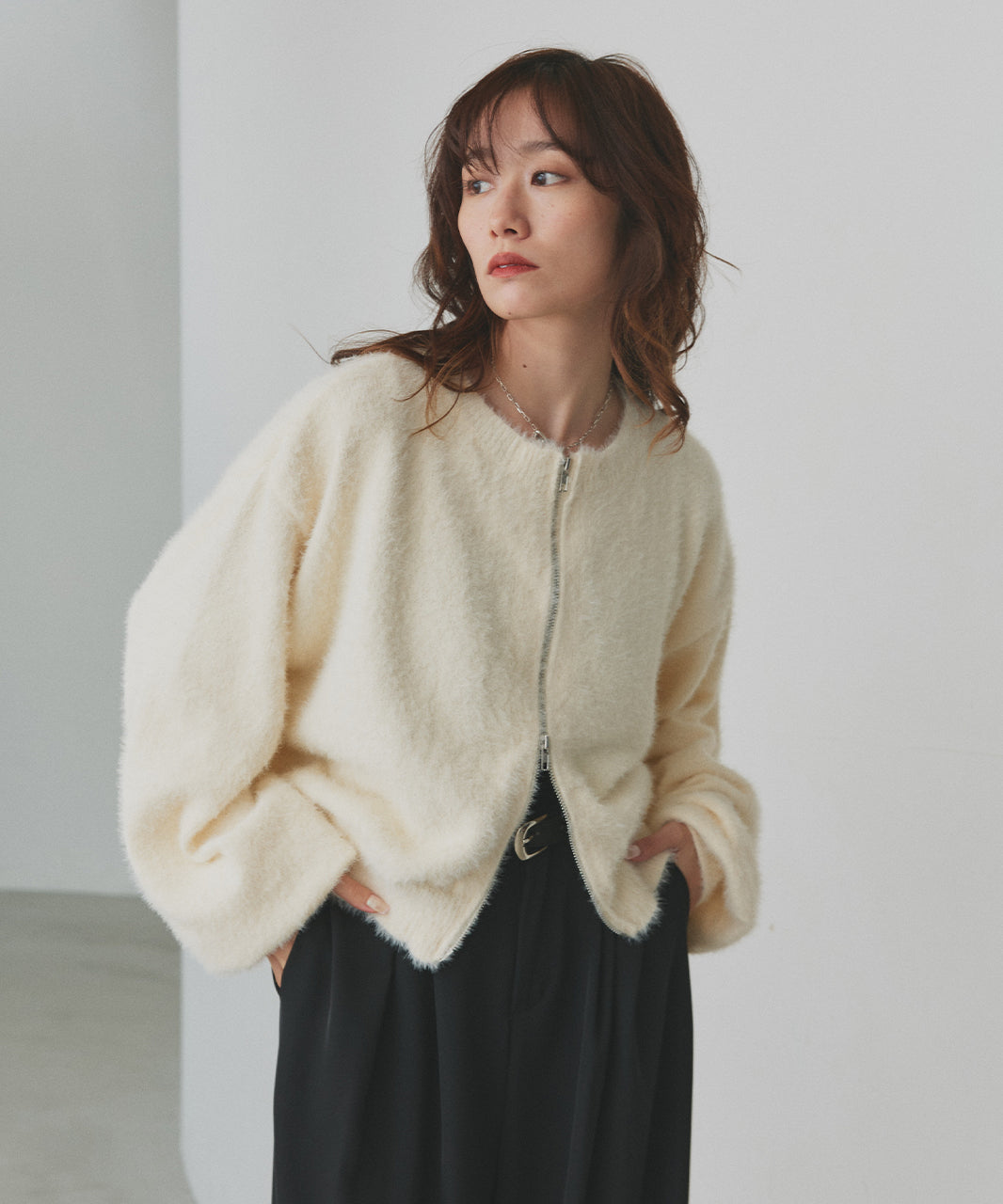 アドティエ ad thie 【2025AW新作】ダブルジップシャギーニットカーディガン （オフホワイト） オフホワイト
