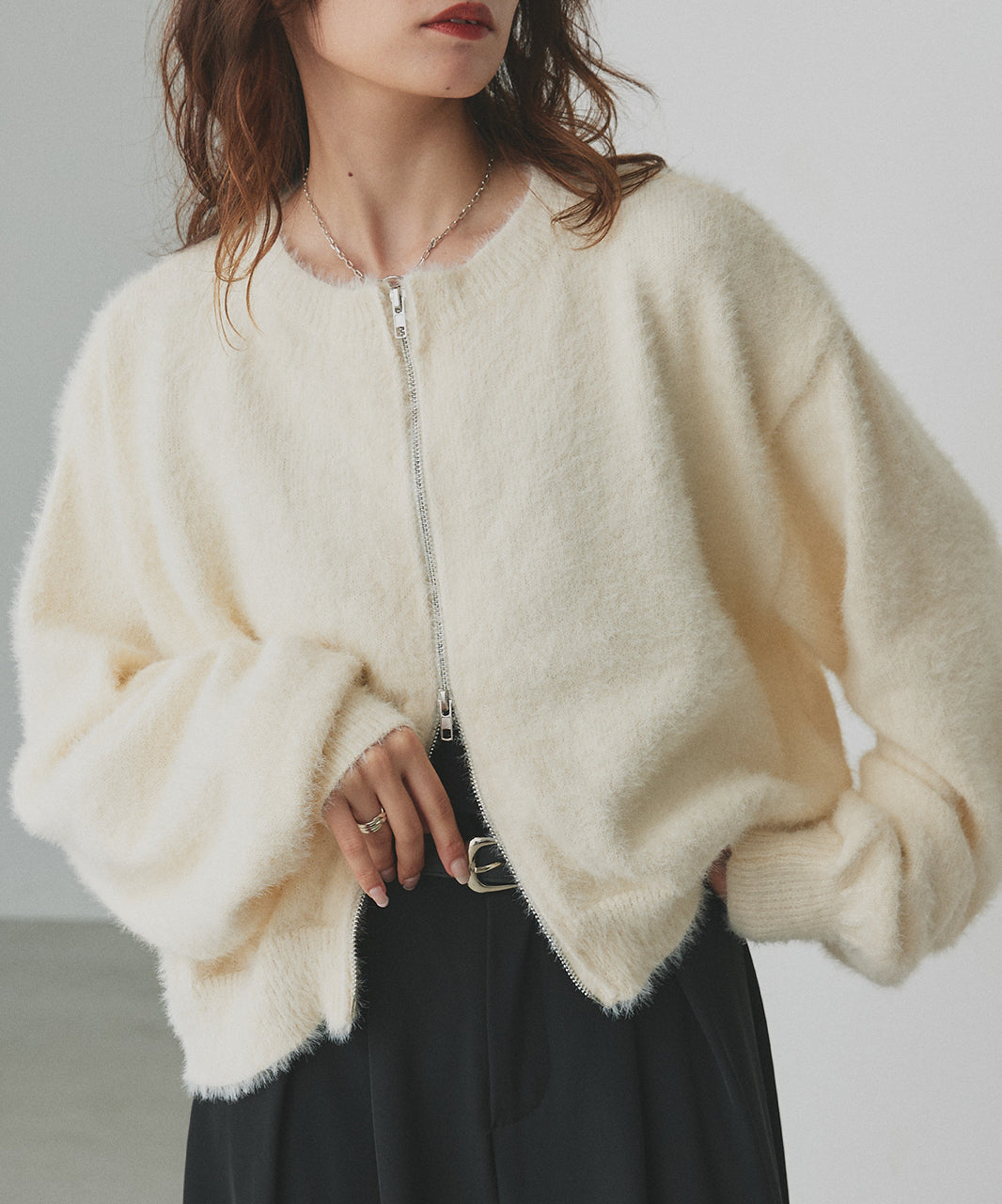 アドティエ ad thie 【2025AW新作】ダブルジップシャギーニットカーディガン （オフホワイト） オフホワイト