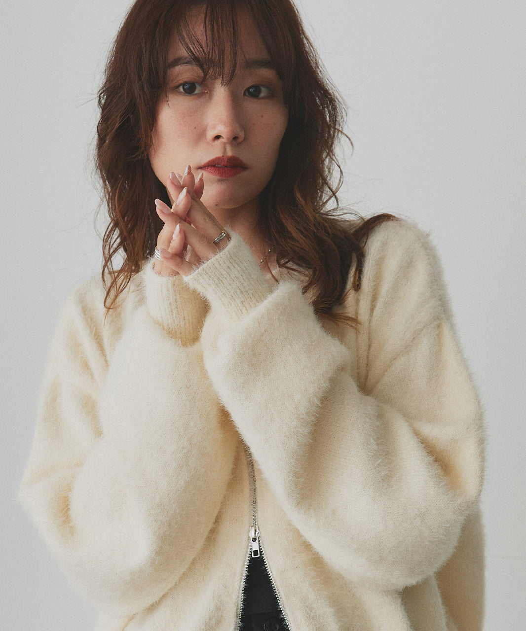 アドティエ ad thie 【2025AW新作】ダブルジップシャギーニットカーディガン （オフホワイト） オフホワイト