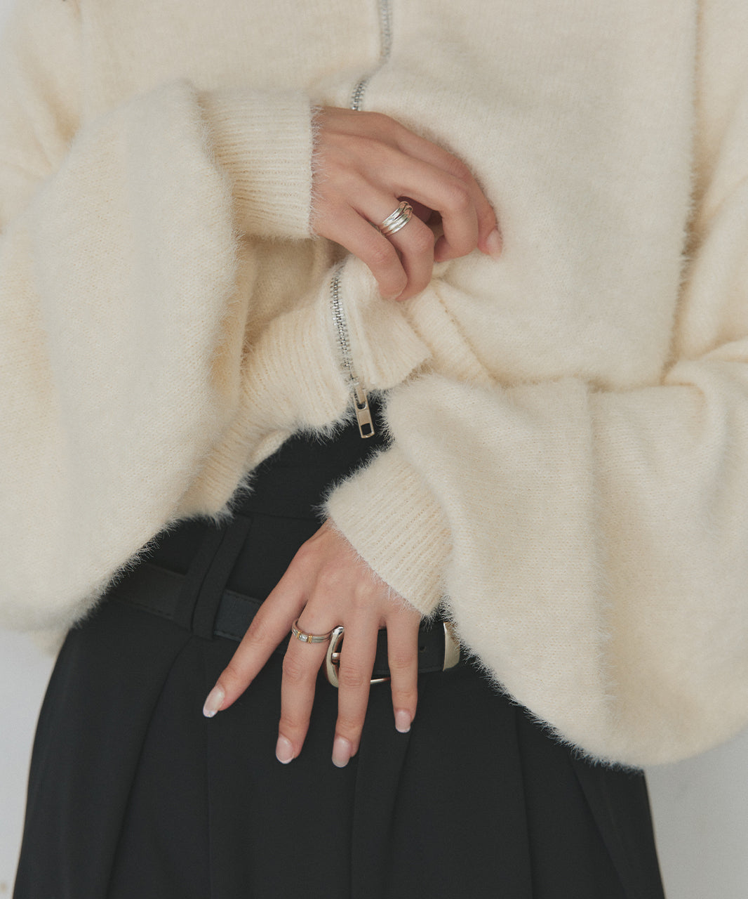 アドティエ ad thie 【2025AW新作】ダブルジップシャギーニットカーディガン （オフホワイト） オフホワイト