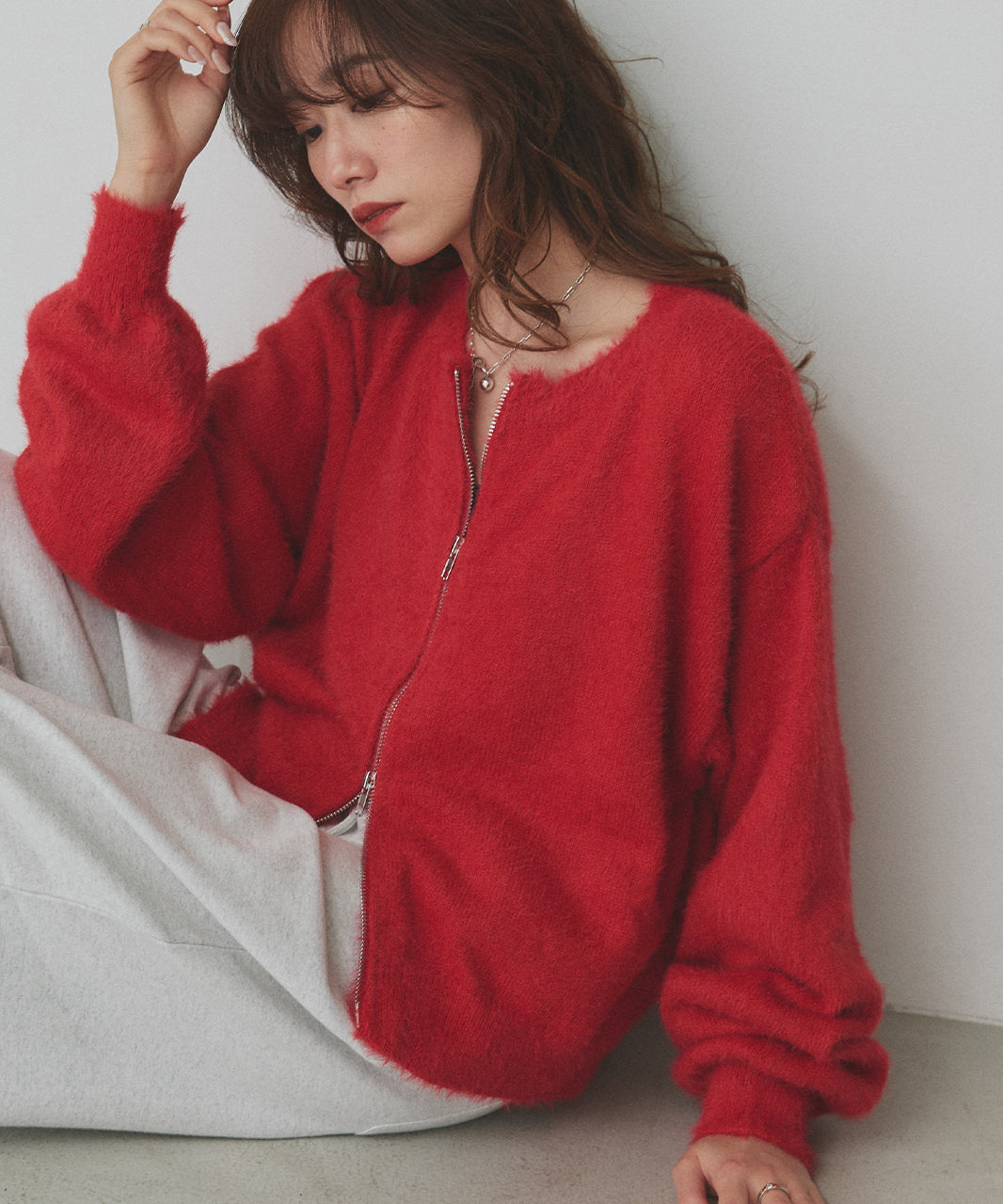 アドティエ ad thie 【2025AW新作】ダブルジップシャギーニットカーディガン （レッド） レッド