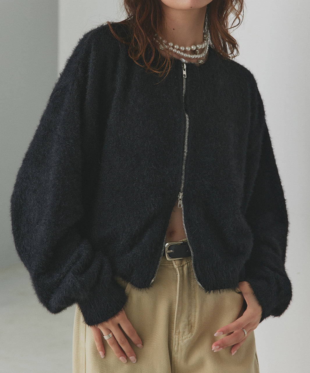 アドティエ ad thie 【2025AW新作】ダブルジップシャギーニットカーディガン （ブラック） ブラック