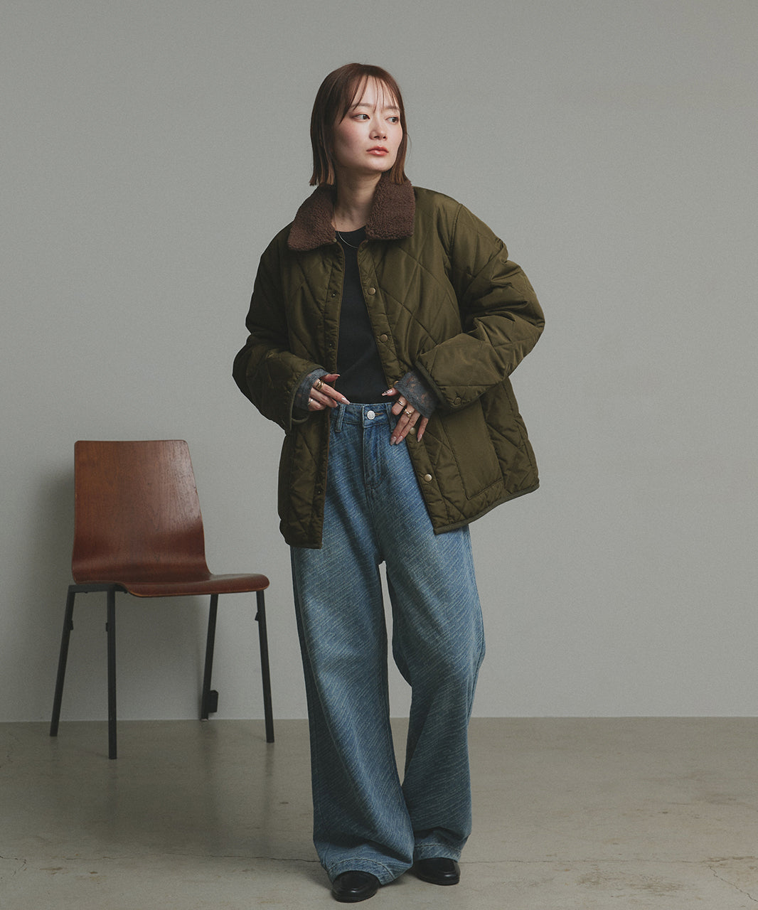 アドティエ ad thie 【2025AW新作】バイカラーパデットキルトブルゾン （カーキ） カーキ