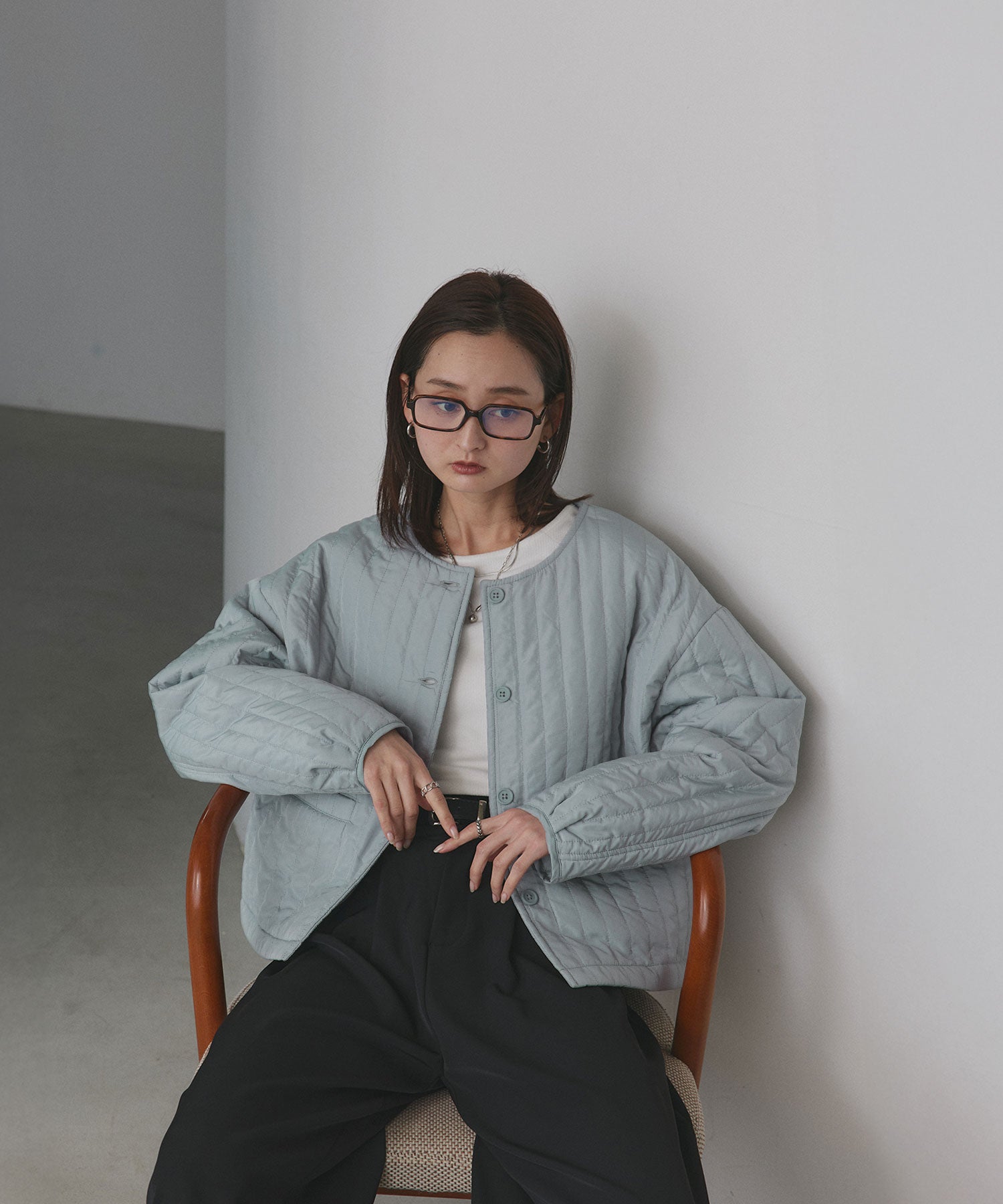 アドティエ ad thie 【2025AW新作】ストライプキルティングノーカラーブルゾン （ライトブルー） ライトブルー