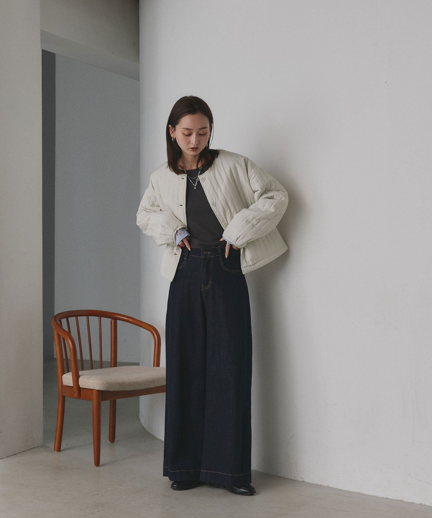 アドティエ ad thie 【2025AW新作】ストライプキルティングノーカラーブルゾン （ライトブルー） ライトブルー