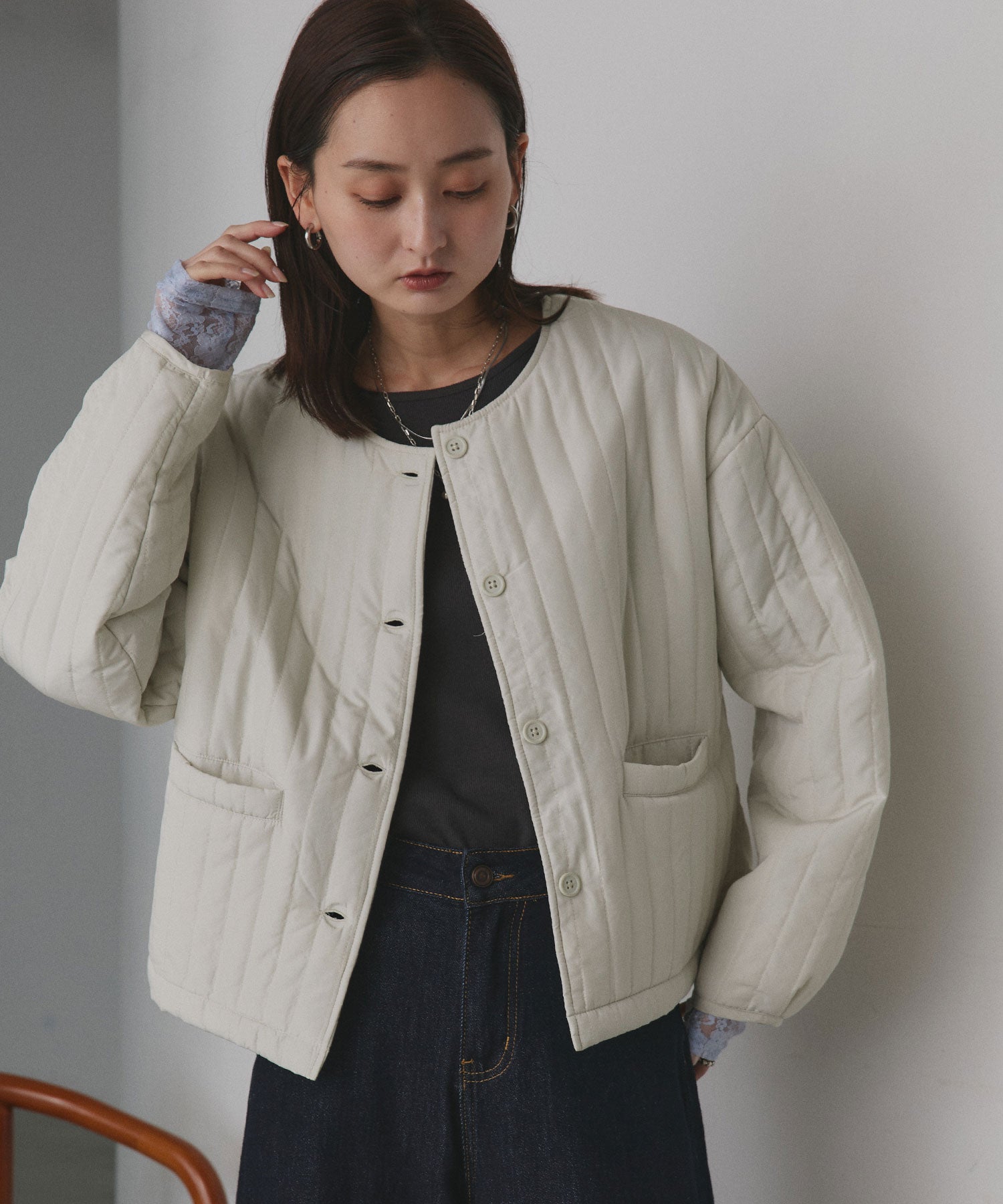 アドティエ ad thie 【2025AW新作】ストライプキルティングノーカラーブルゾン （ライトブルー） ライトブルー