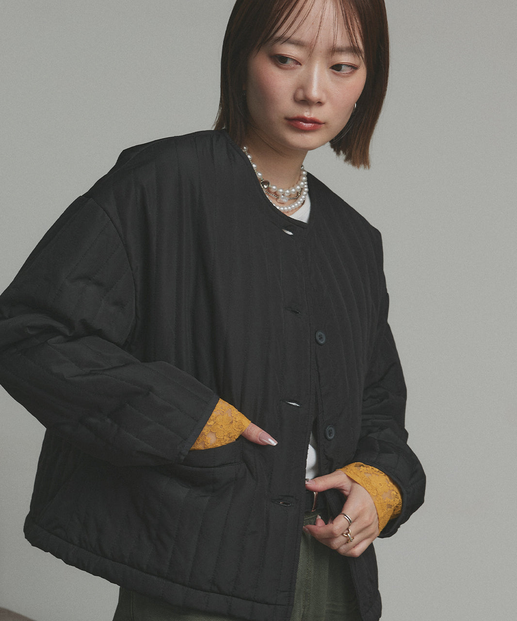 アドティエ ad thie 【2025AW新作】ストライプキルティングノーカラーブルゾン （ライトブルー） ライトブルー