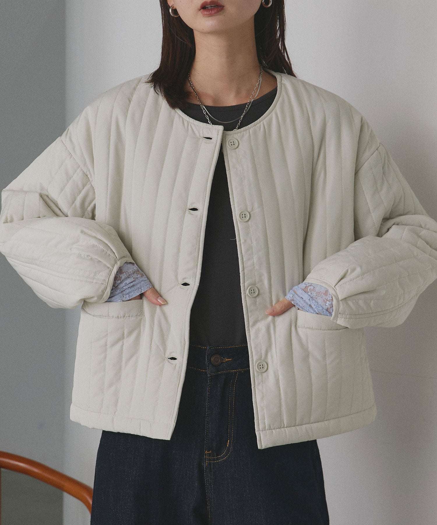 アドティエ ad thie 【2025AW新作】ストライプキルティングノーカラーブルゾン （ライトブルー） ライトブルー