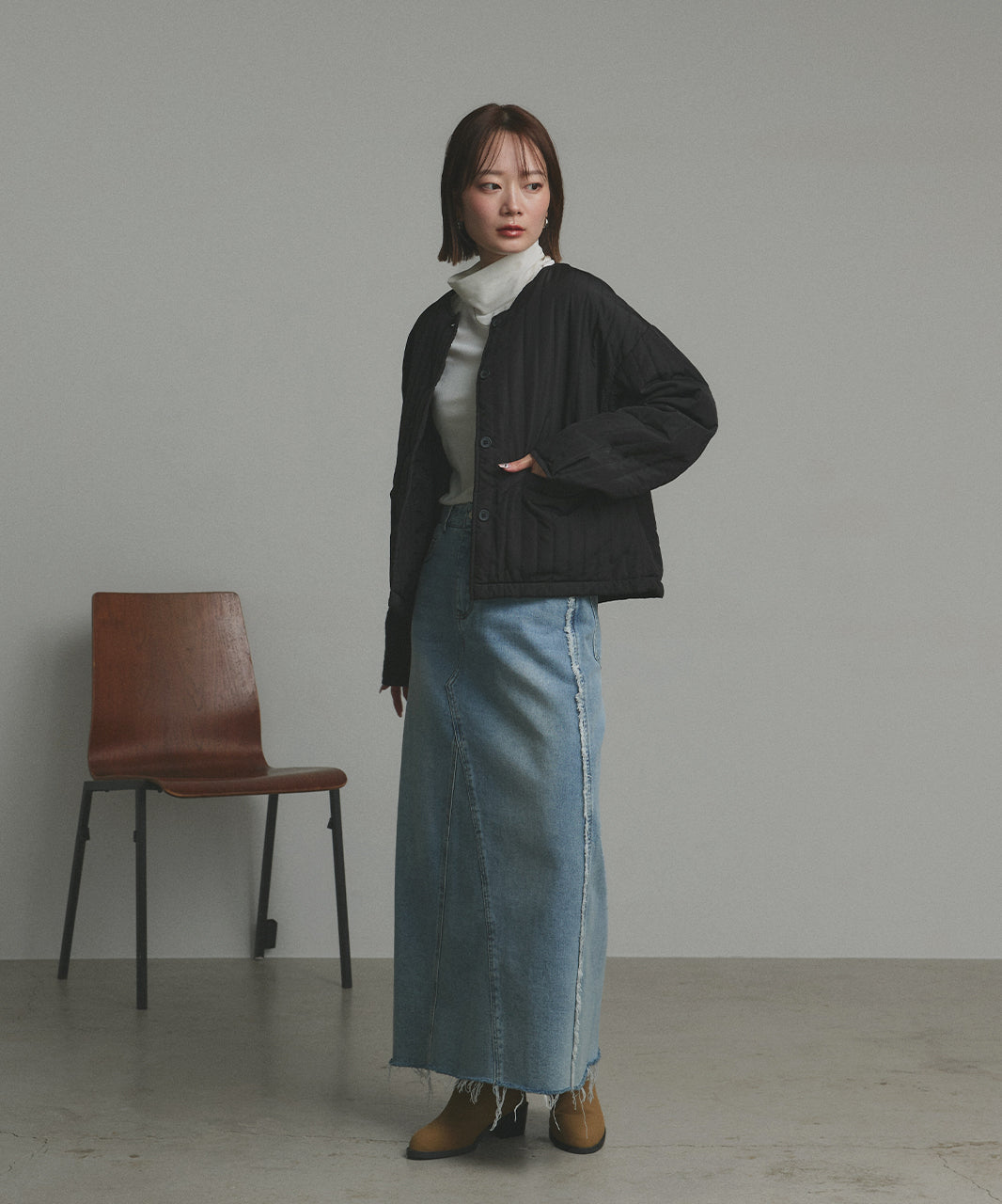 アドティエ ad thie 【2025AW新作】ストライプキルティングノーカラーブルゾン （ライトブルー） ライトブルー