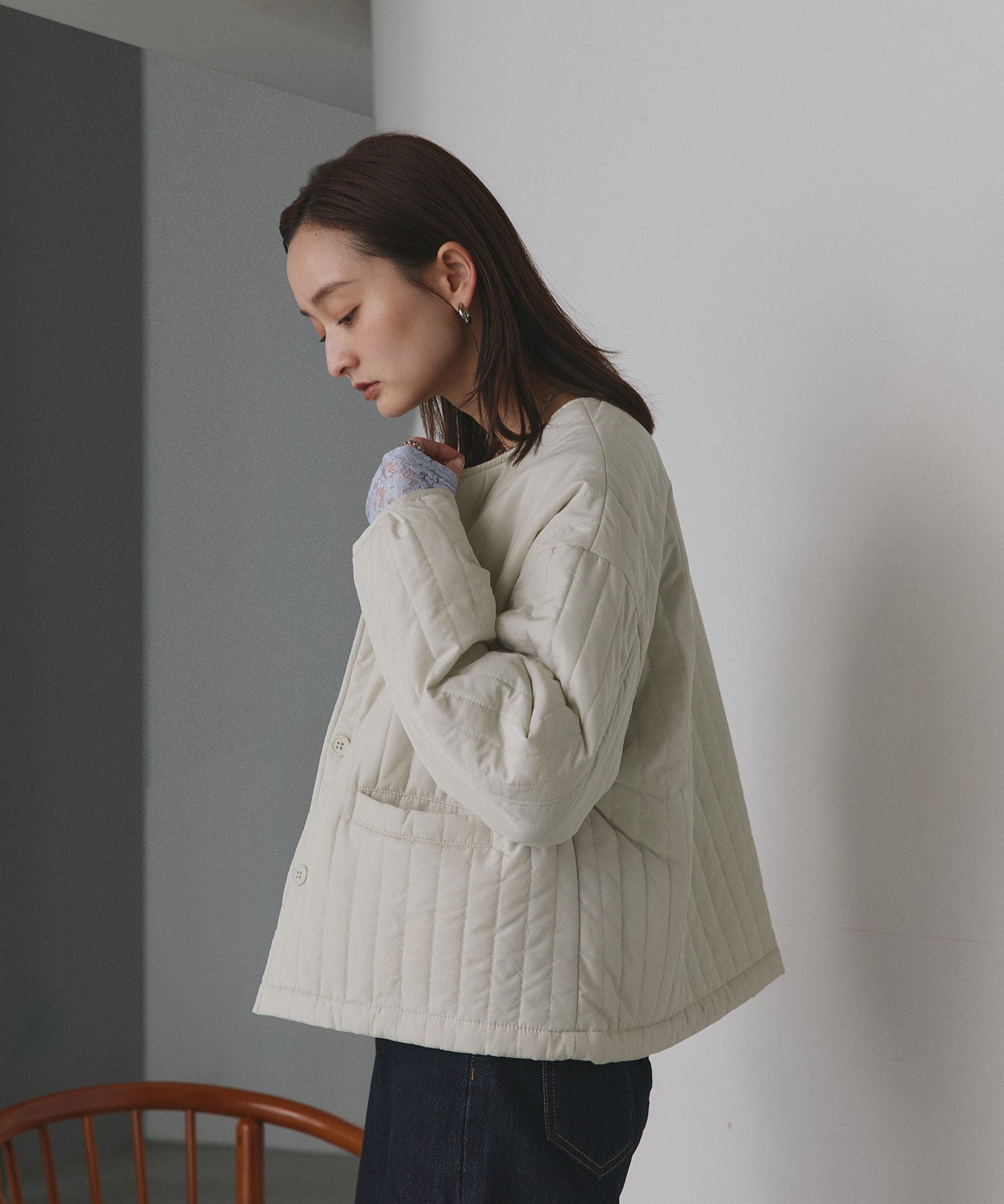 アドティエ ad thie 【2025AW新作】ストライプキルティングノーカラーブルゾン （ライトブルー） ライトブルー