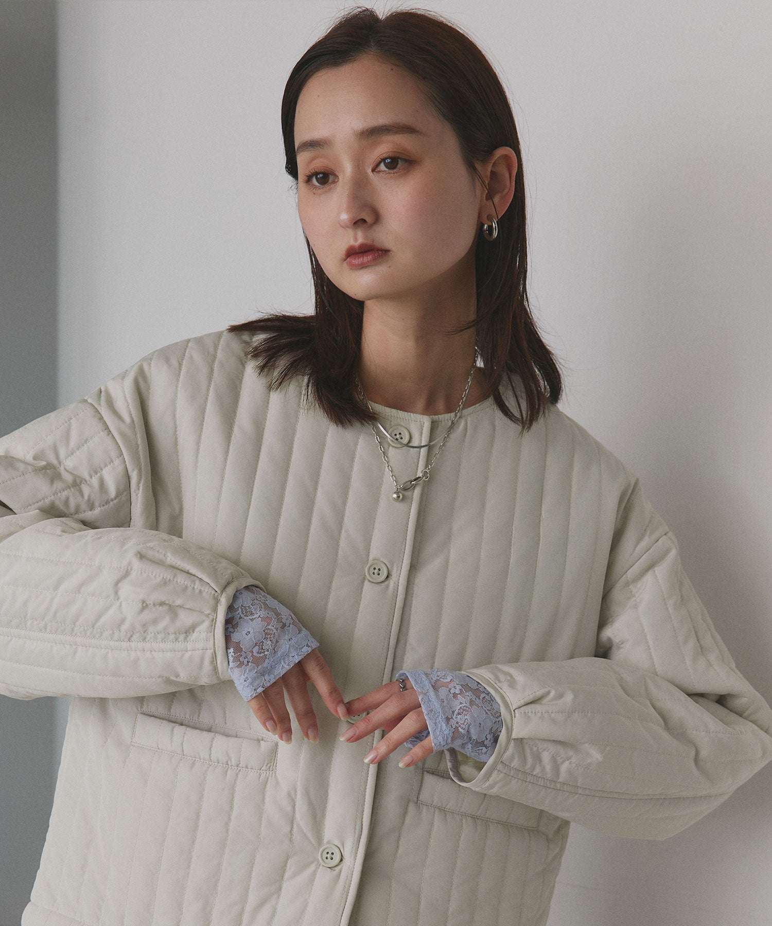 アドティエ ad thie 【2025AW新作】ストライプキルティングノーカラーブルゾン （ライトブルー） ライトブルー