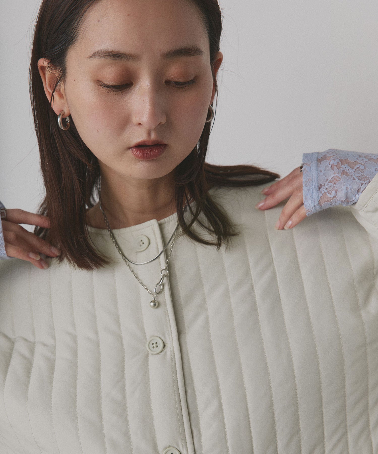 アドティエ ad thie 【2025AW新作】ストライプキルティングノーカラーブルゾン （ライトブルー） ライトブルー