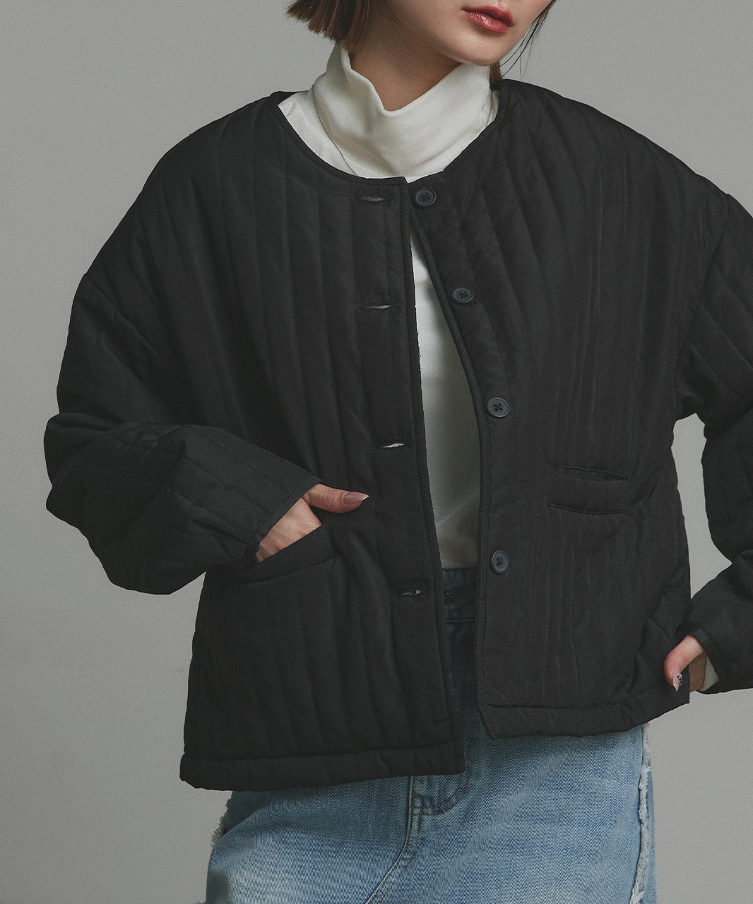 アドティエ ad thie 【2025AW新作】ストライプキルティングノーカラーブルゾン （ライトブルー） ライトブルー