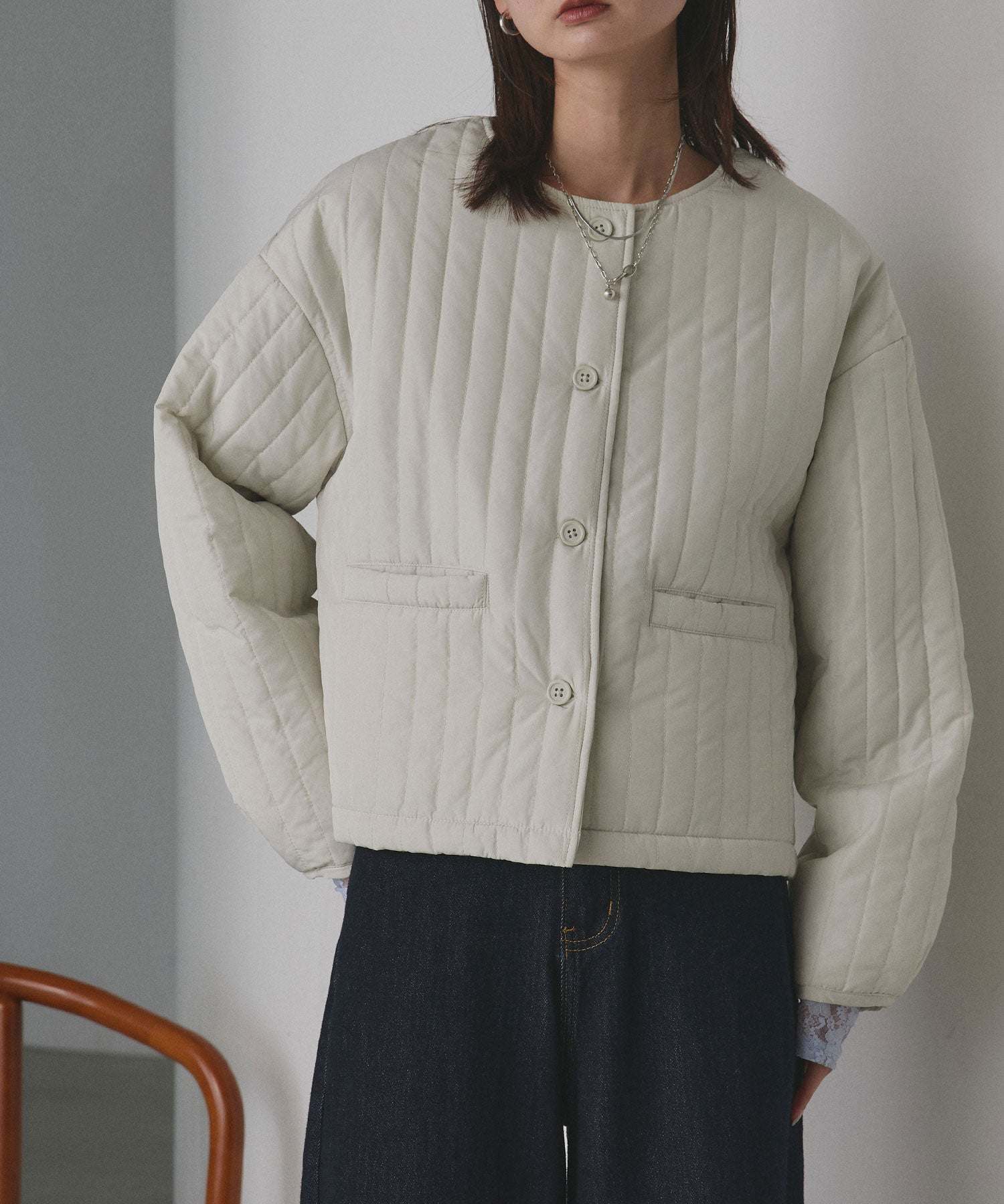 アドティエ ad thie 【2025AW新作】ストライプキルティングノーカラーブルゾン （ライトブルー） ライトブルー