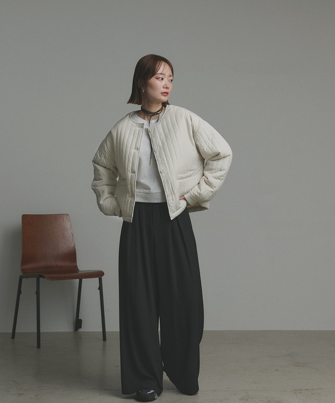 アドティエ ad thie 【2025AW新作】ストライプキルティングノーカラーブルゾン （ライトブルー） ライトブルー