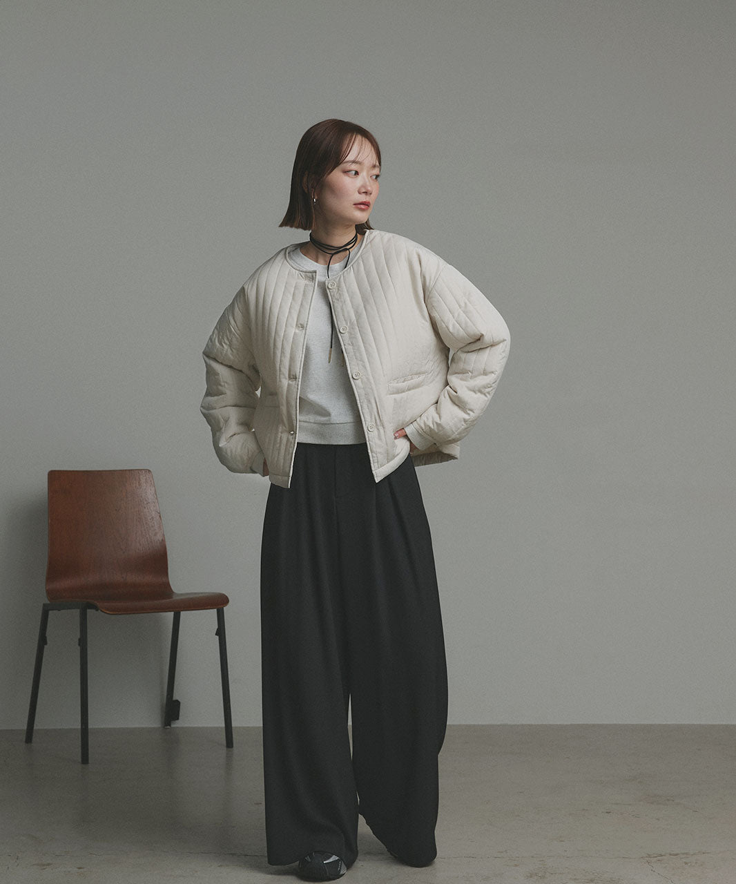 アドティエ ad thie 【2025AW新作】ストライプキルティングノーカラーブルゾン （ライトブルー） ライトブルー