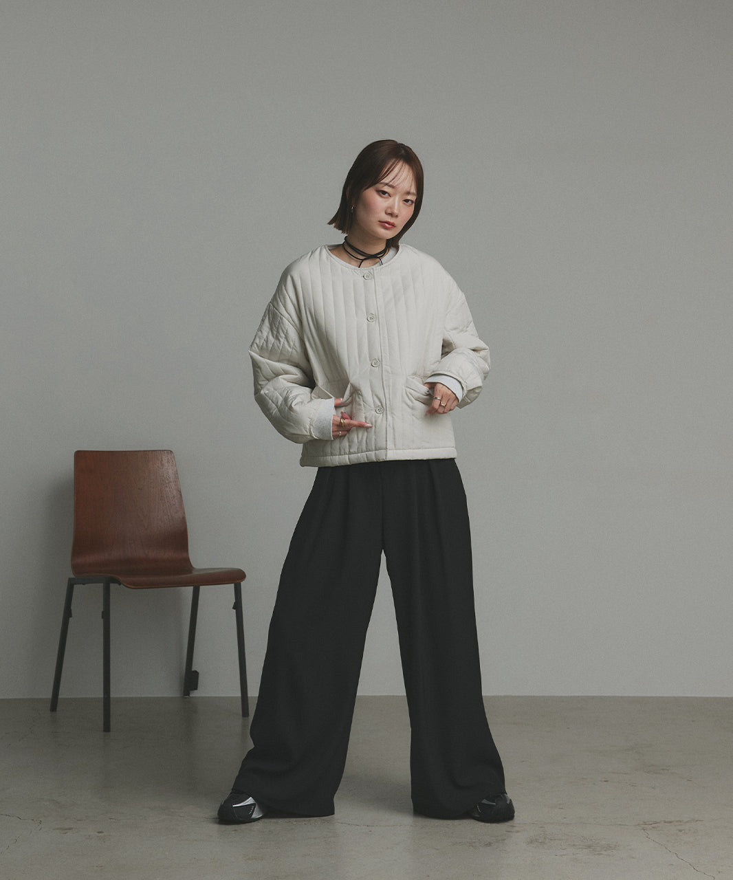 アドティエ ad thie 【2025AW新作】ストライプキルティングノーカラーブルゾン （ライトブルー） ライトブルー